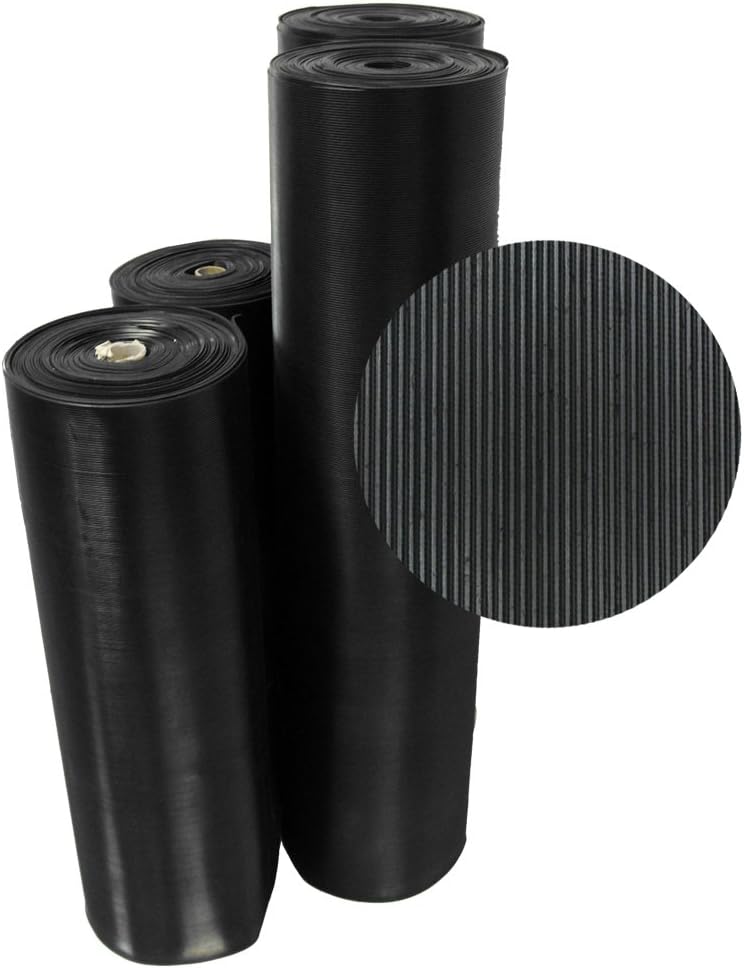 Rubber-Cal 03_168_W_FR_15 Fine Rib Corrugated Rubber Mats, 1/8" Thick x 4' x 15' Runners, Black