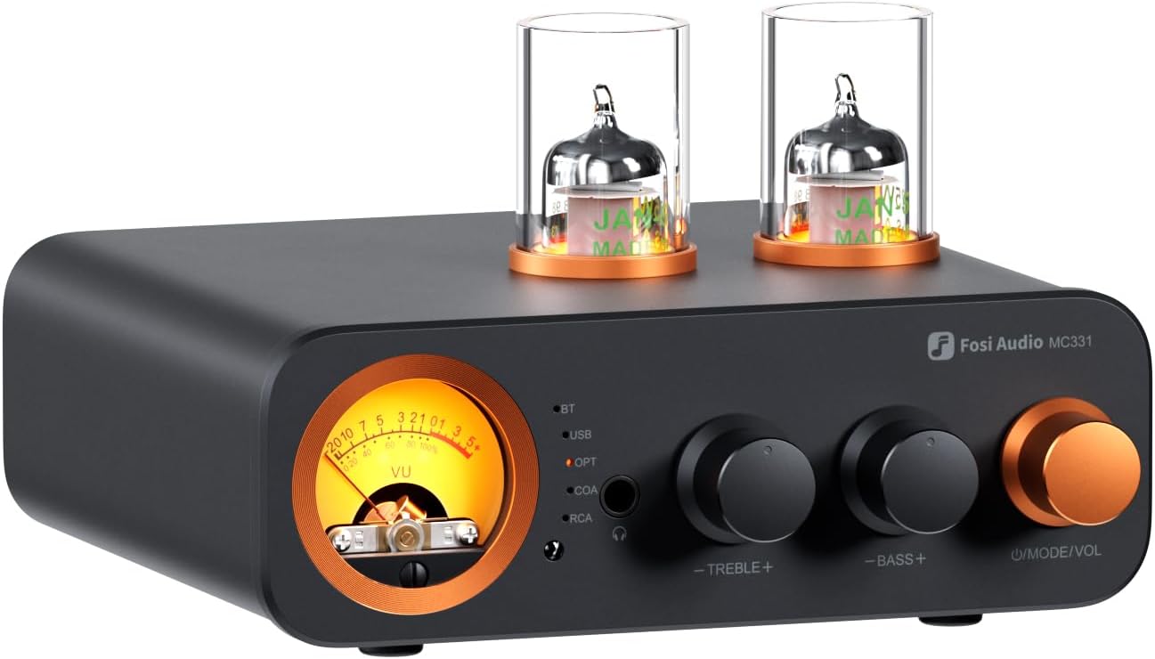 Fosi Audio MC331 Tube Integrated Amplifier with DAC, 2 Channel Home Audio Stereo Power Amp for HiFi Bookshelf Speakers/3.5mm Headphones, Vintage VU Meter Preamp with Bluetooth and USB/OPT/COAX/RCA