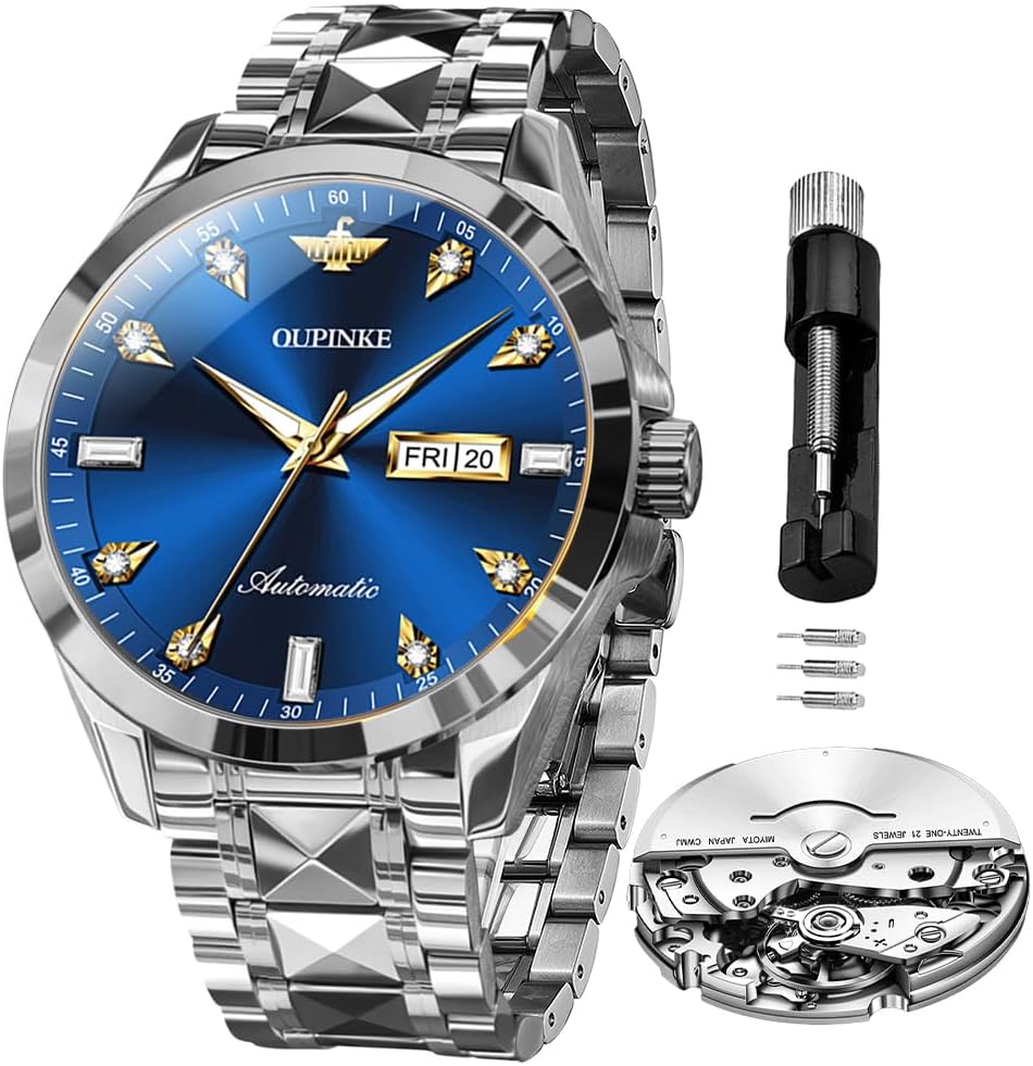 OLEVS Watch for Male Business Luxury Wrist Watches Blue Calendar Stainless Steel Silver Blue