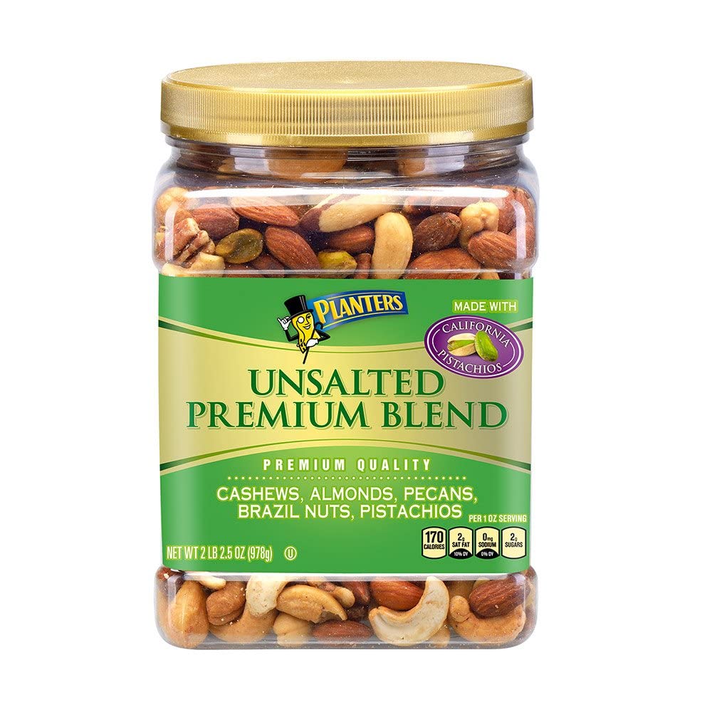 PLANTERS Unsalted Mixed Nuts, Cashews, Almonds, Hazelnuts, Pecans, Pistachios no Shell, Party Snacks, Plant-Based Protein, Quick Snack for Adults, After School Snack, Kosher, 34.5 Oz Container