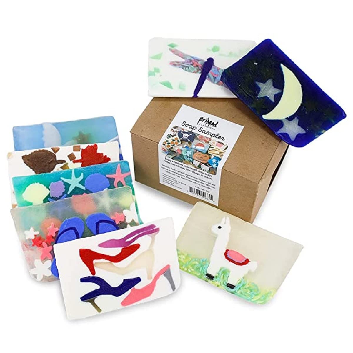 Primal Elements, Soap Box Sampler - Mystery Box of a Variety of Unisex Bar Soap (GRABBAG) - Unique Designs, Rich Lathering, Moisturizing, and Wonderful Scented Glycerin Soaps