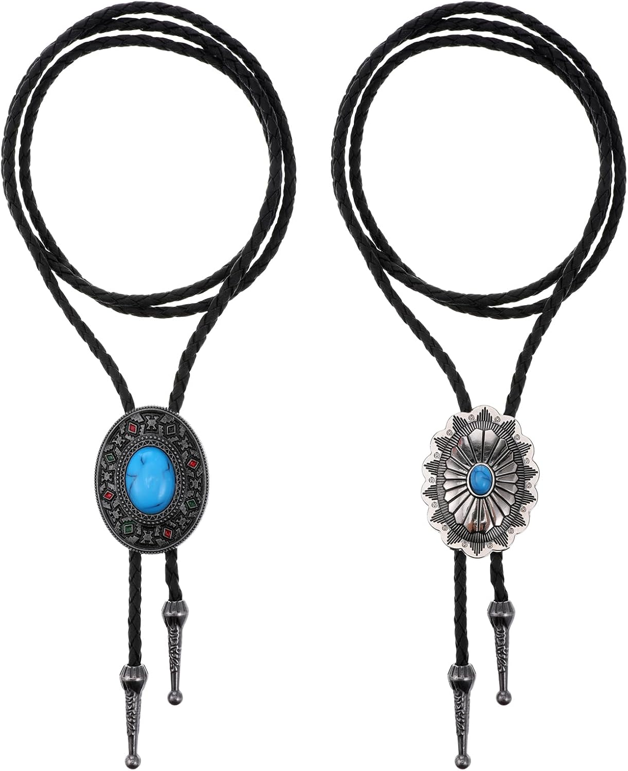 ElevateTech Bolo tie, 2 Pcs Vintage Necktie Round Shape Western Cowboy Oval Cool Retro Bola Tie Costume Accessories for Men Women