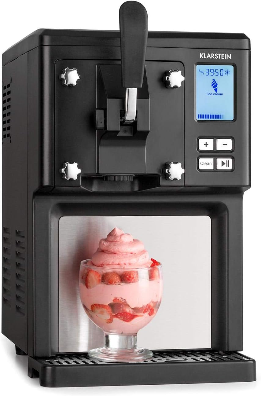 Klarstein Sweet Sundae- Ice Cream Machine, 1.5 Litres, with Self-Cooling Compressor, 200 Watts, Dispensing System, 3 Hour Auto-Cooling Function, Automatic Cleaning System, Stainless Steel, Black