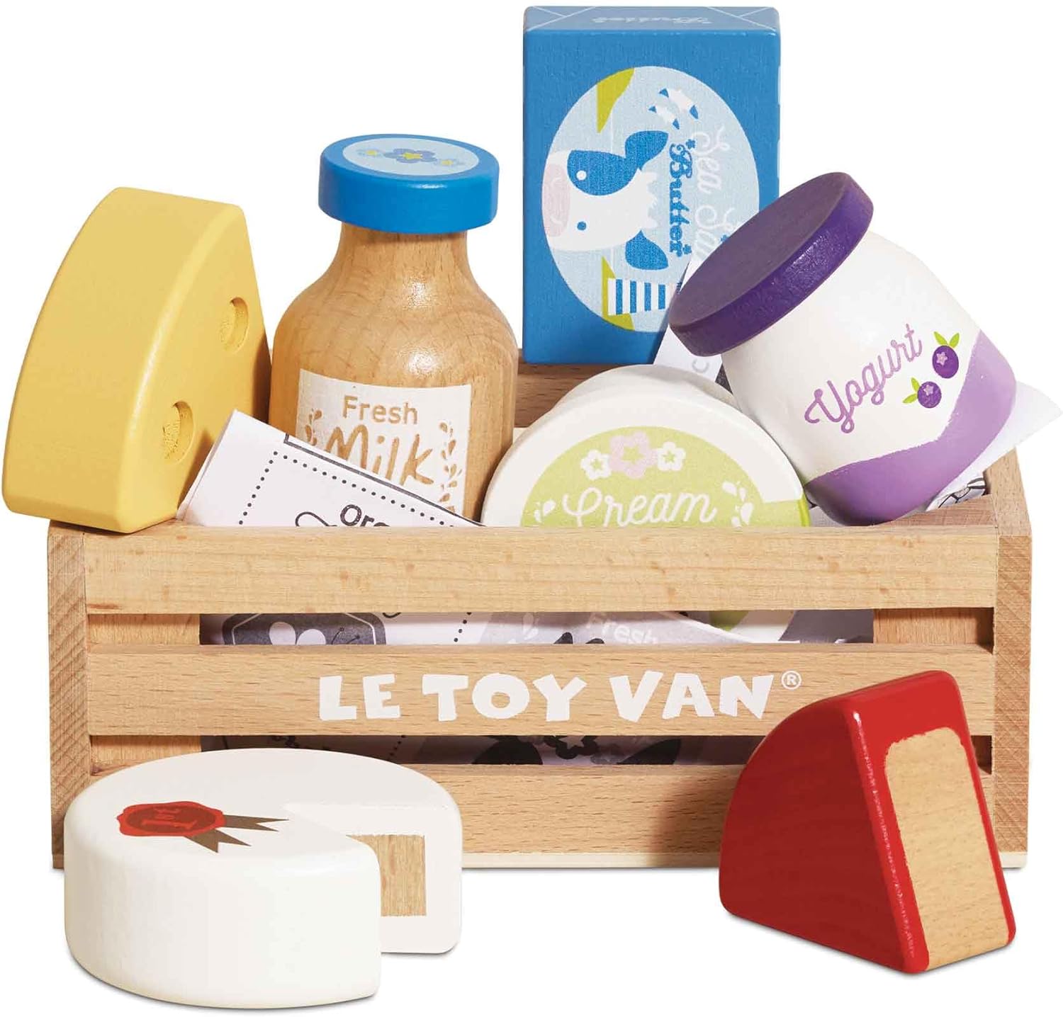 Le Toy Van Wooden Eggs & Dairy Toy Crate with Pretend Milk and Cheese Role Play Food Shopping