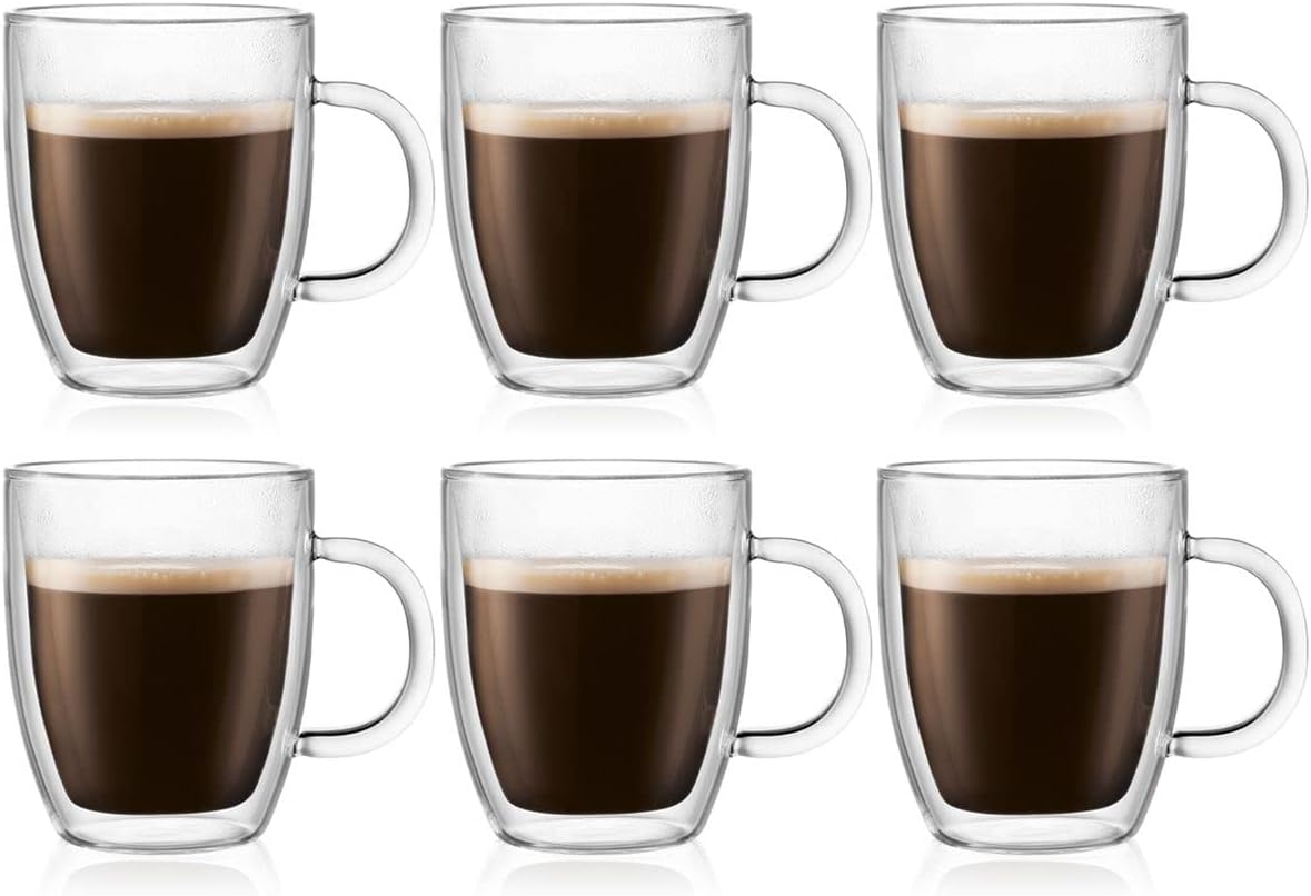 Bodum 10oz Bistro Double Wall Insulated Mug, High-Heat Borosilicate Glass, Set of 6, Clear