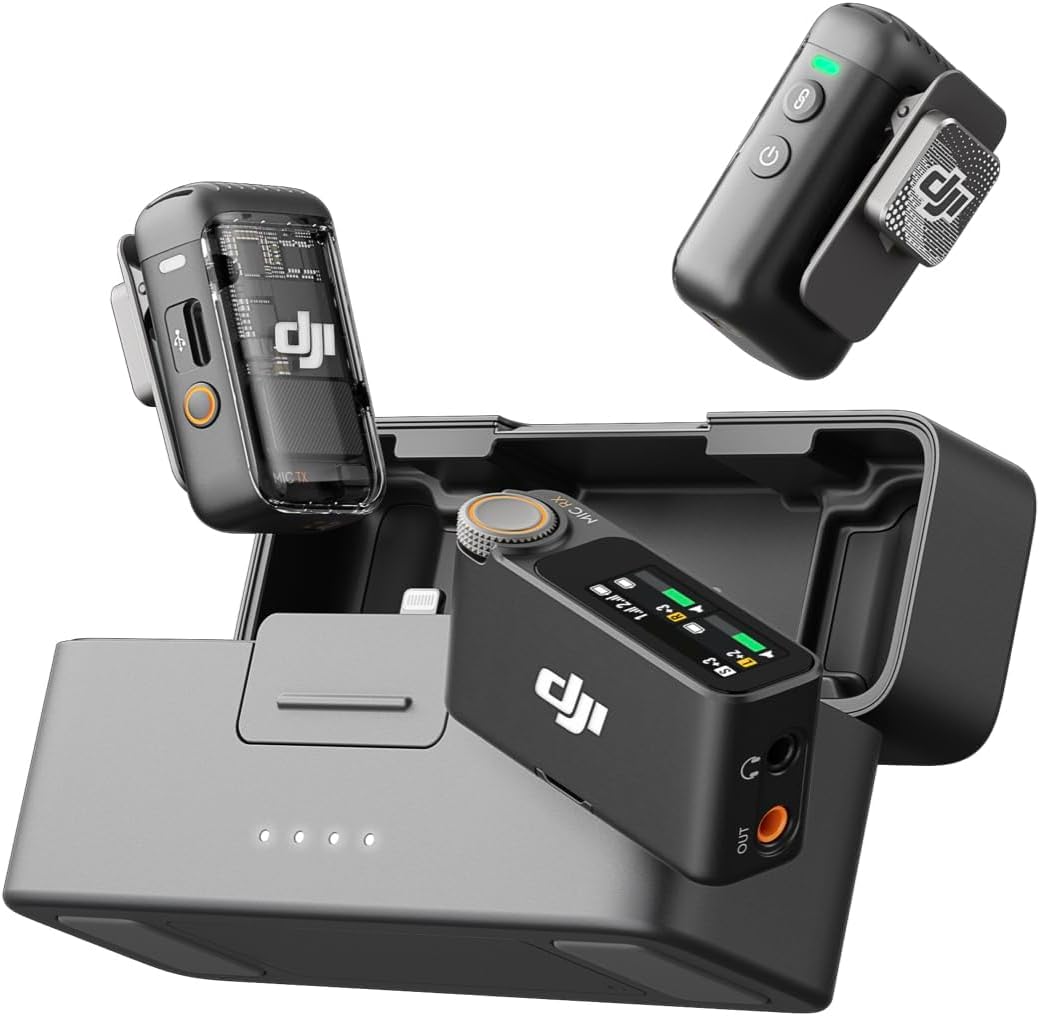 DJI Mic 2 (2 TX + 1 RX + Charging Case), All-in-one Wireless Microphone, Intelligent Noise Cancelling, 32-bit Float Internal Recording, 250m (820 ft.) Range, Microphone for iPhone, Android, Camera