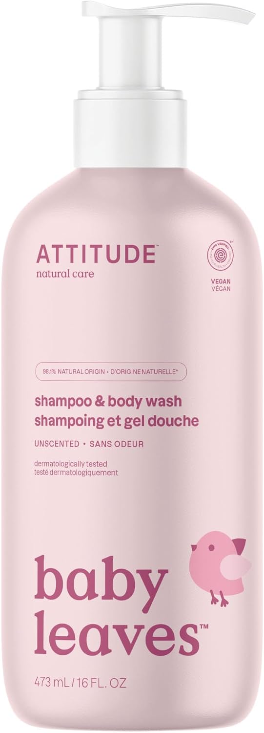 ATTITUDE 2in1 Hair Shampoo and Body Wash for Baby, Plant and Mineral-Based Gentle Formula, EWG Verified, Vegan Baby Products, Unscented, 473 mL