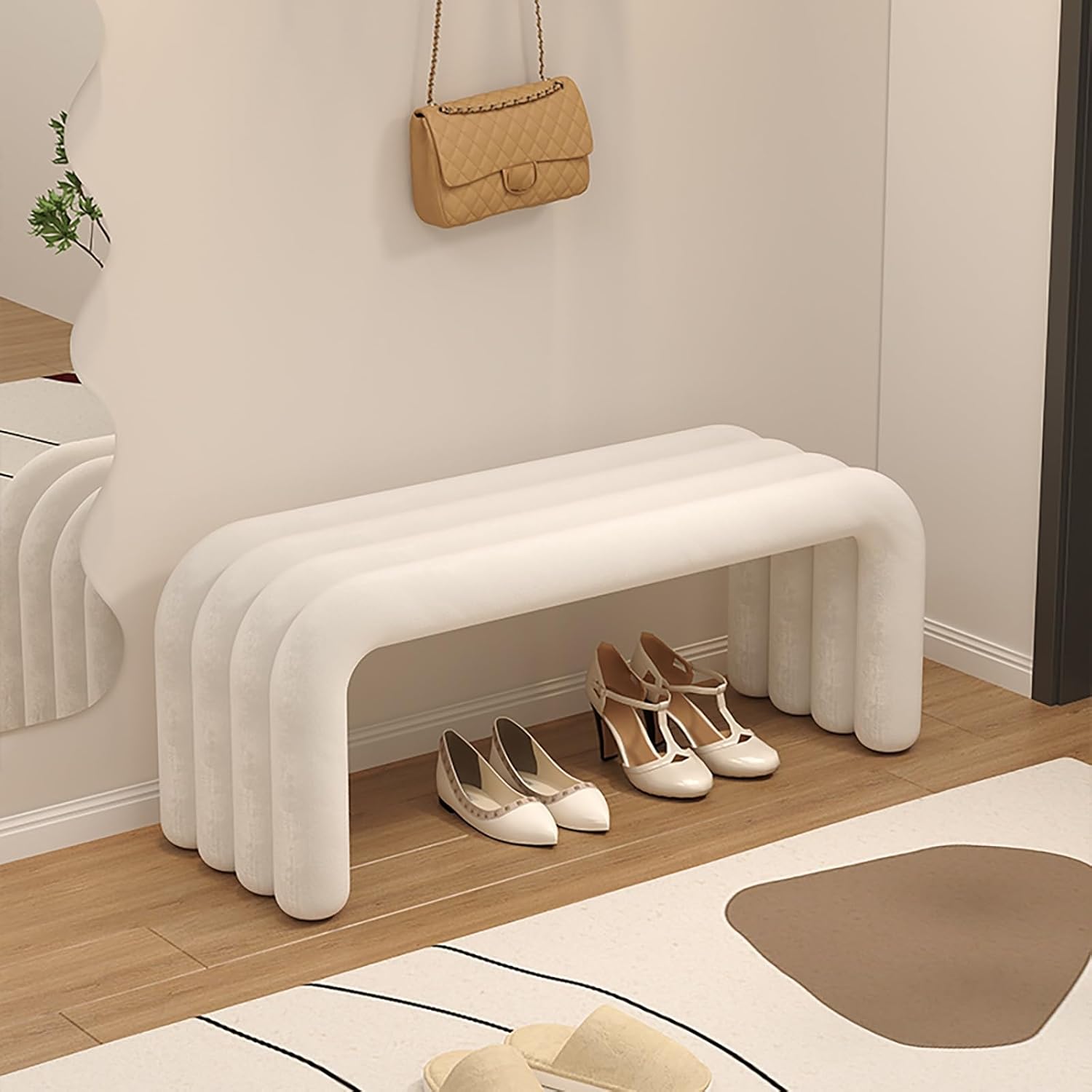 Fabric Dining Bench Indoor Living Room Bench, Wrought Iron Velvet Bench,with Armless Design and Short Height, Furniture Bedroom Living Room Dining Room(White,31.3in/80cm)