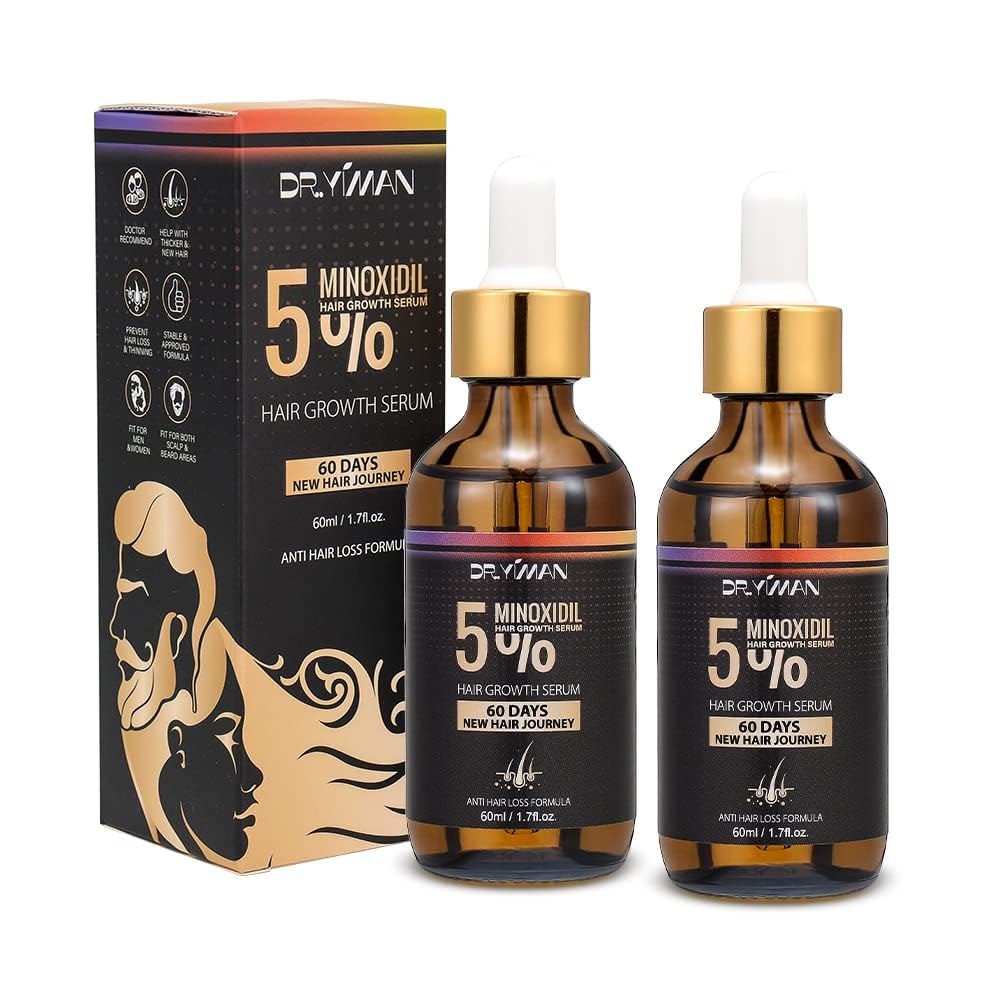 5% Minoxidil Hair Growth Treatment for Men and Women - Biotin Serum to Prevent Hair Loss and Thinning (2 Pack)