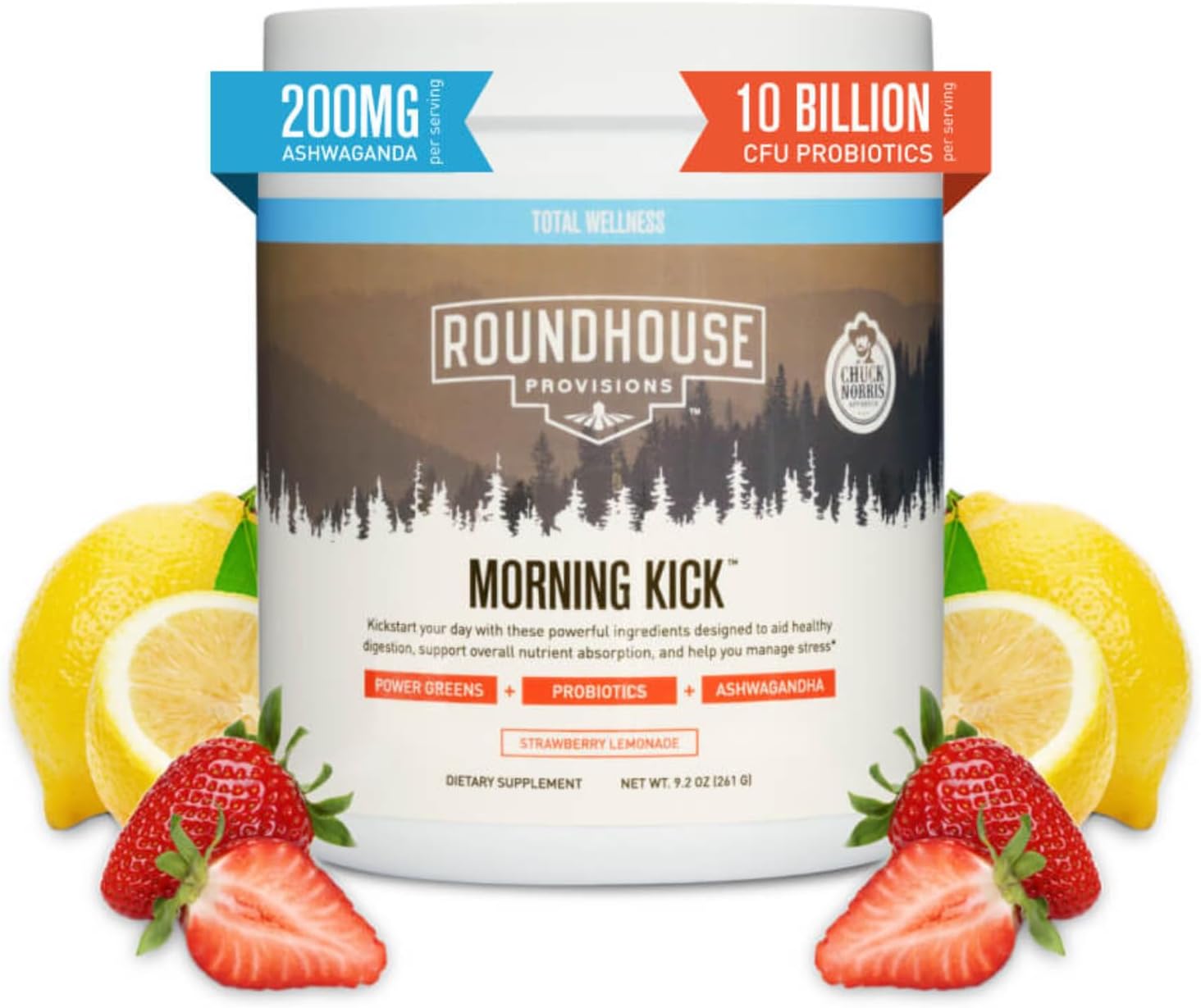 by Chuck Norris Morning Kick, Greens Superfood Powder Supplement with Ashwaganda, Collagen, Probiotics, Supports Energy Levels, 30 Servings (Strawberry Lemonade)