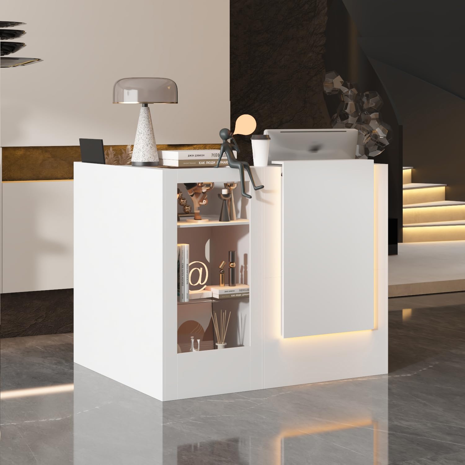 Reception Desk with Counter, L-Shape Front Desk with LED Light & Glass Display Shelf, Reception Room Table with Cable Grommet, Retail Counter Salon Reception for Checkout, White