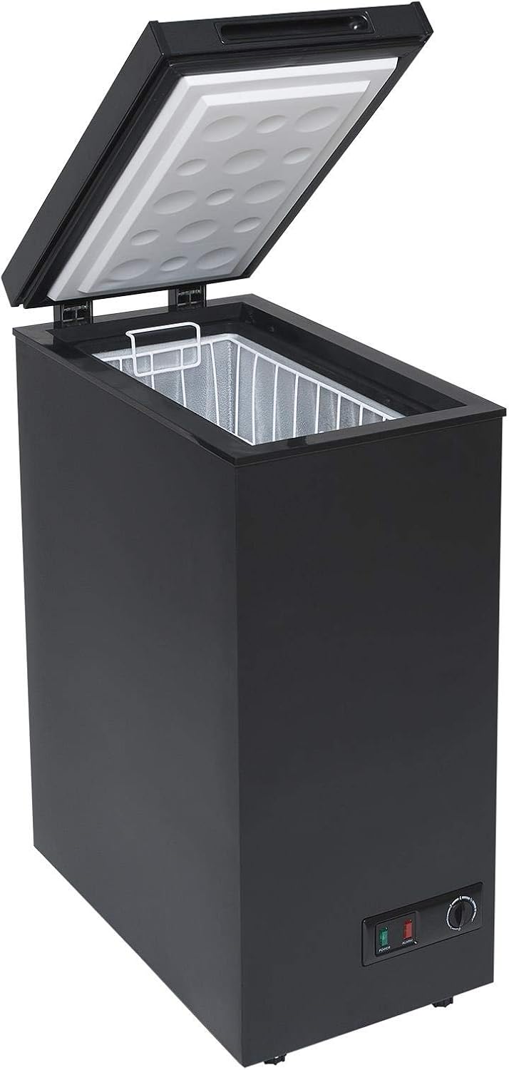 SIA CHF60B Black Chest Freezer with Removable Wire Basket, 53L Slimline Compact Freestanding Freezer, 36cm Wide, Adjustable Temperature Control, E Rated, 2 Years Parts And Labour Guarantee