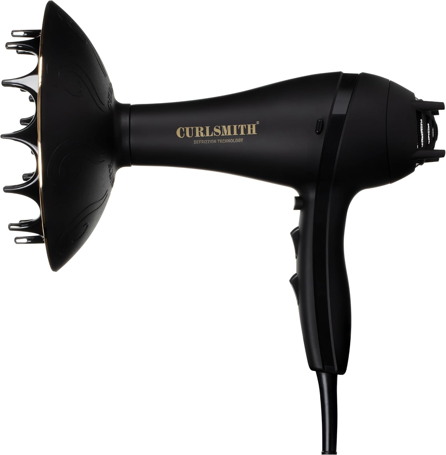 Curlsmith - Defrizzion Hair Dryer with Extra Large Diffuser, for Curly Hair, Reduce Frizz, 3 Speeds, 4 Heat Settings, Infared, Ceramic Heat for Fast Drying | Hair dryer, 20.3 cm diffuser, Wavy, curly and coily hair, Fast gentle drying, Cool shot, Even heat