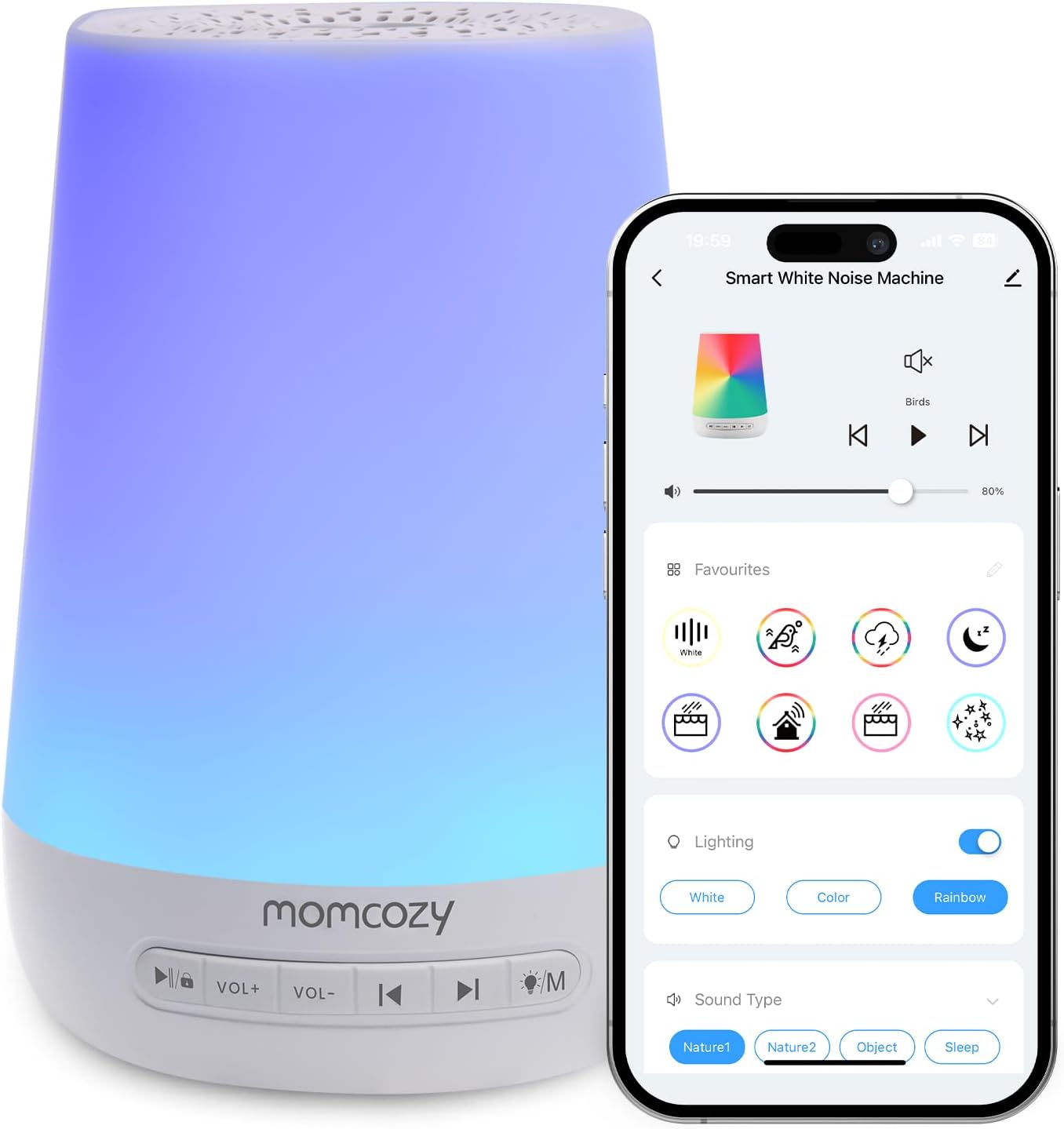 Baby Sound Machine, Momcozy White Noise Machine for Baby Sleeping with Night Light, Toddler Sleep Trainer with 34 Soothing Sounds, Timer, App Remote Control, Personal Sleep Routine (Blue)