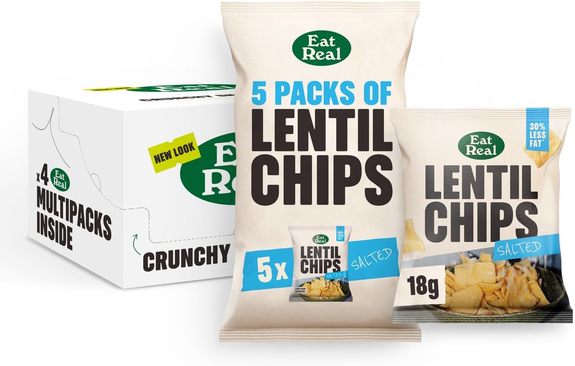 Eat Real, Lentil Crisps, Salted, 4 x 5 x 18g, Gluten-Free Crisps Multipack, Vegan-Friendly, Healthy Snacks, 30% Less Fat, Chip Snacks