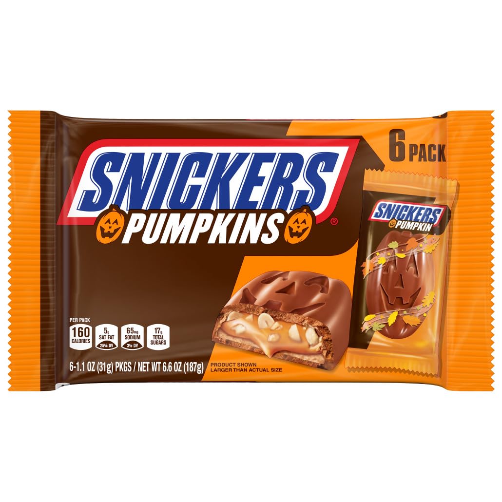 SNICKERS Pumpkins Milk Chocolate Halloween Candy Bar, Pumpkin Candy for Trick or Treat, Halloween Party Favors, Snacks and More 6 Pack, 1.1 Oz