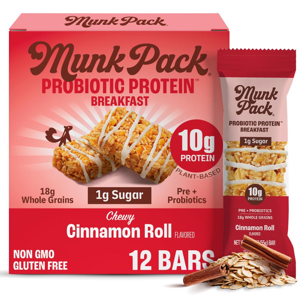 Munk Pack Probiotic Protein Breakfast Bars - 10g Plant Protein, 1g Sugar, 6g Fiber – For Adults & Kids, Low Sugar Snack, Gluten-Free, Diabetic-Friendly, Non-GMO, Cinnamon Roll - 12 Pack