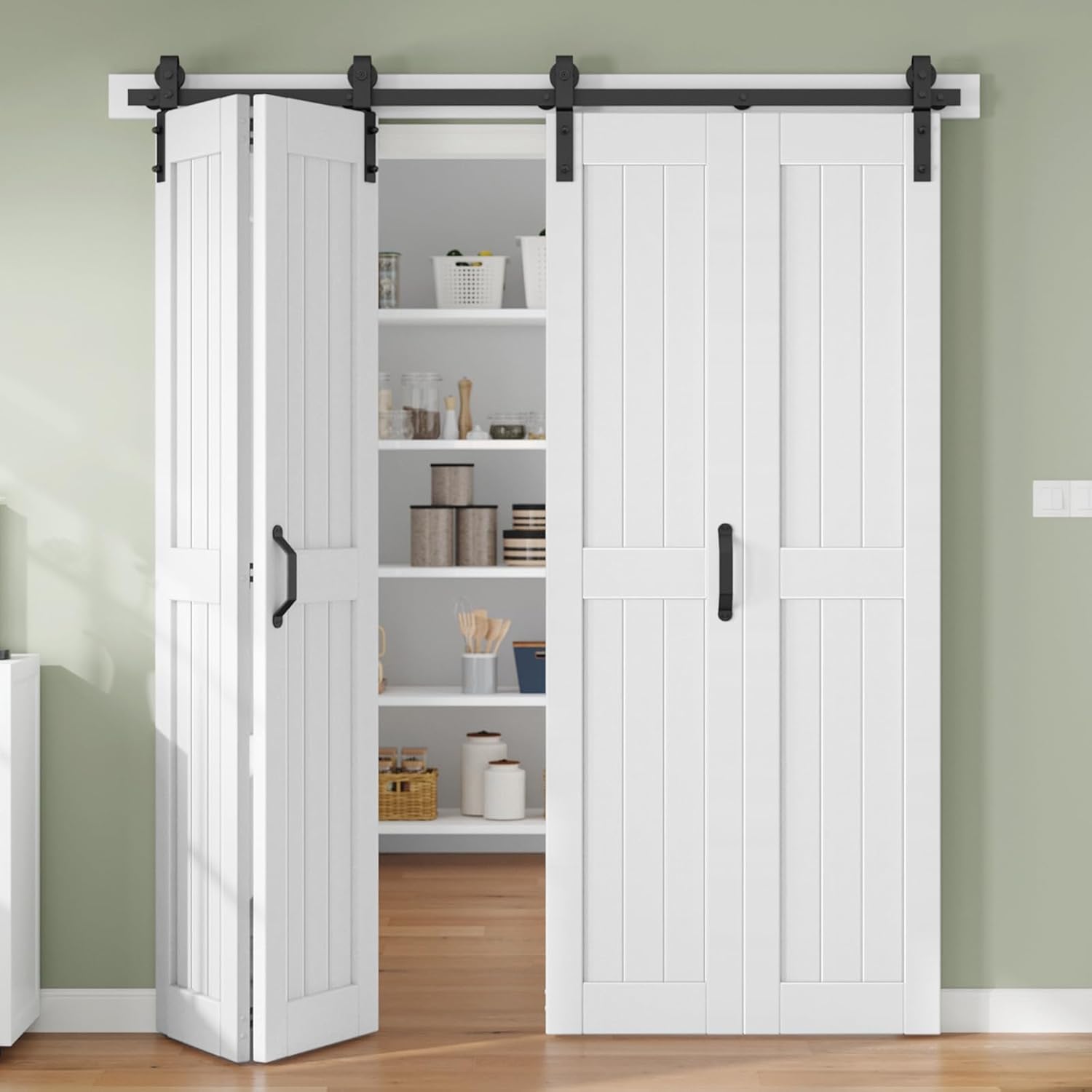 Bifold Barn Door 84 x 84 in (Four 21x84 Inch),Bi-fold Sliding Closet Doors with Hardware Track kit Included 6.6ft Rail for 4 Doors and Track Connector Black,Save Space,DIY Assembly.