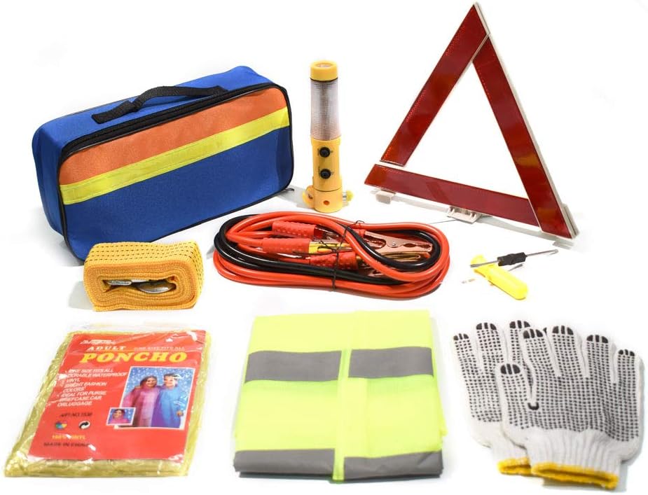 TourKing 9PCS Roadside Assistance Emergency Kit, Auto Safety Kit Car Emergency Tool for European Travel with Tow Rope, Jumper Cables, Ideal Accessory for Truck,SUV