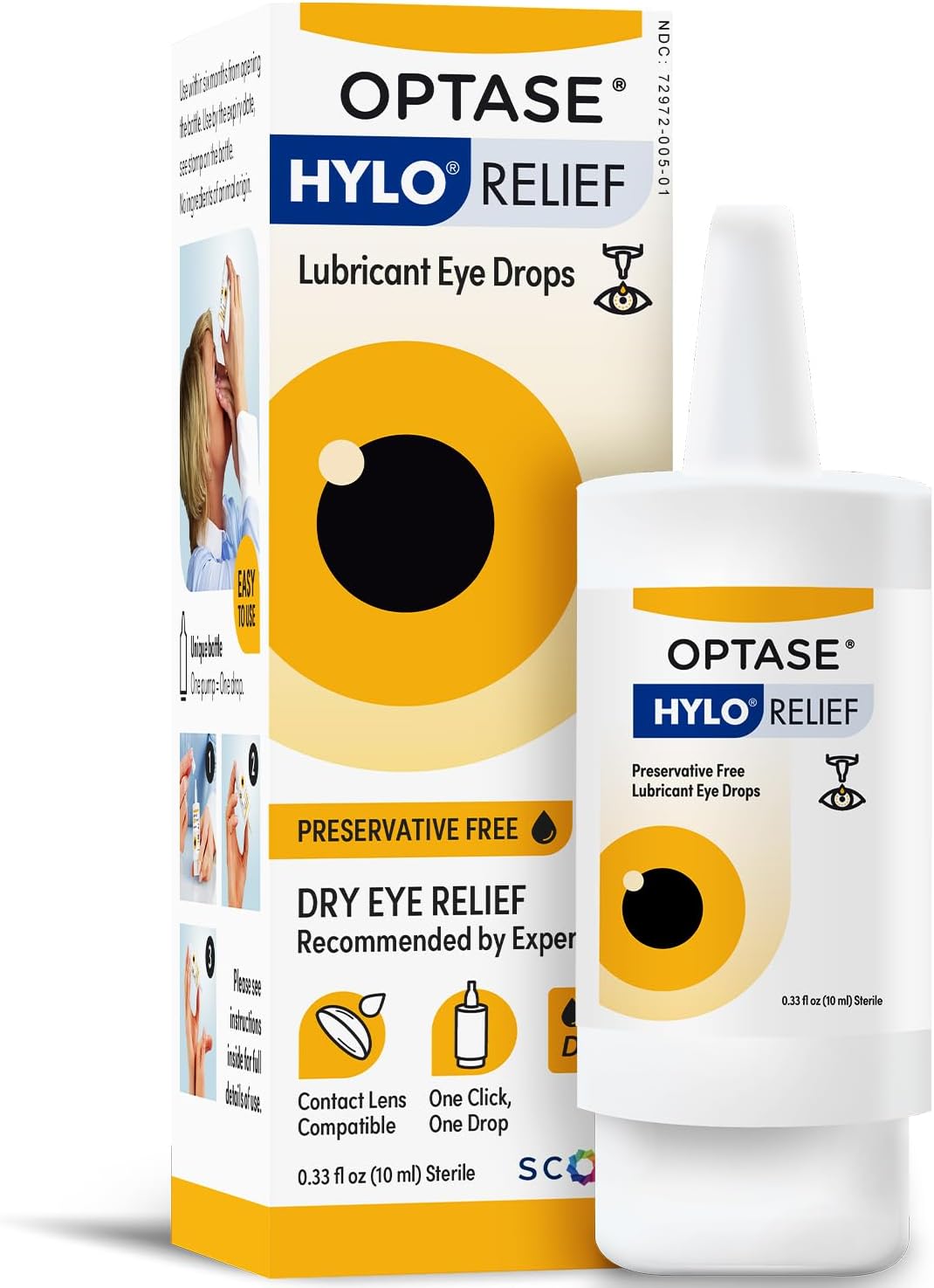 Optase® HYLO Relief Dry Eye Drops, 0.33 fl oz (10ml), 300 Doses - Preservative Free Eye Drops for Dry Eyes - Gentle Lubricant Multi-Dose Solution - Contact Lens Compatible for Daily Comfort