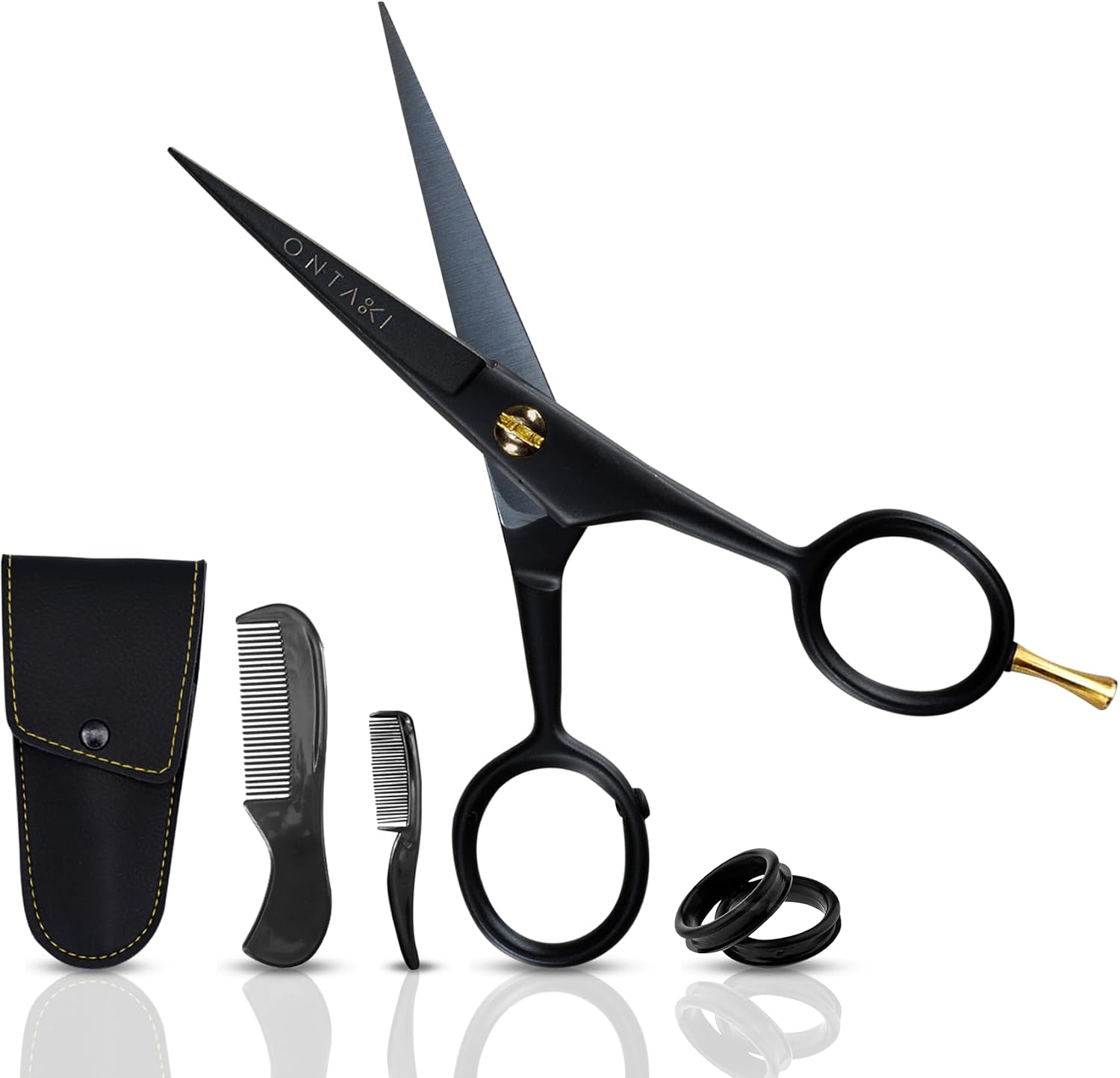 Ontaki 5” German Beard & Mustache Trimming Scissors, 2 Combs (Beard & Mustache), Pouch, Hand-Forged 410C Steel, Finger Rest, Black