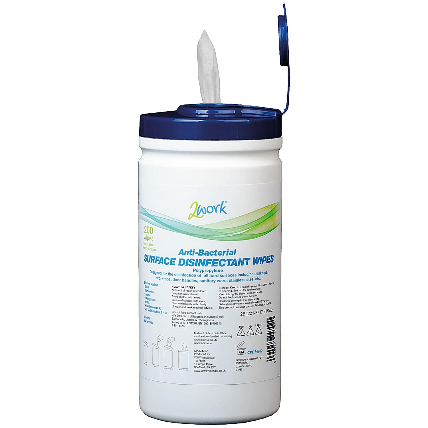 2WORK Disinfectant Wipes, Pack of 200
