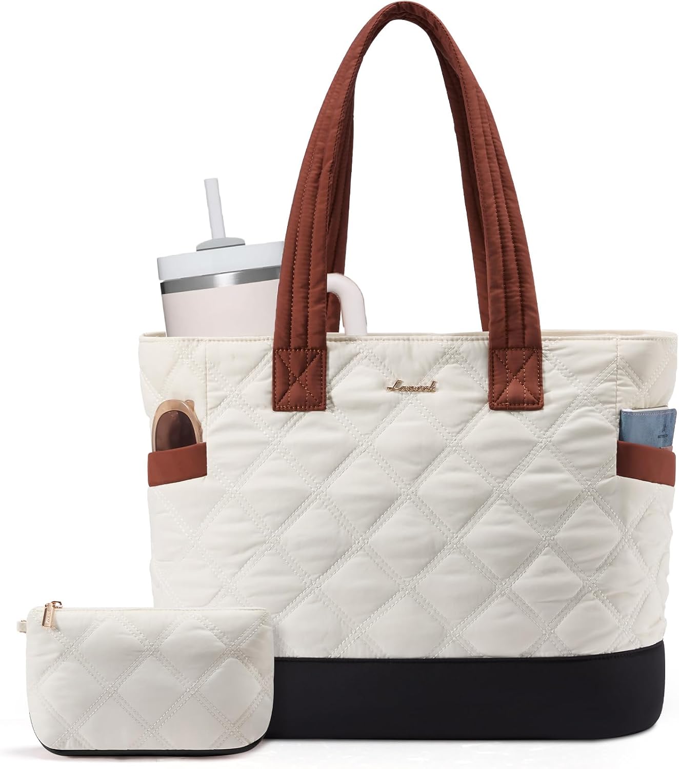 LOVEVOOK Tote Bag for Women, Quilted Work Puffer Bag with Large Water Bottle Holder for Travel, Daily, Nurse Bag Handbag