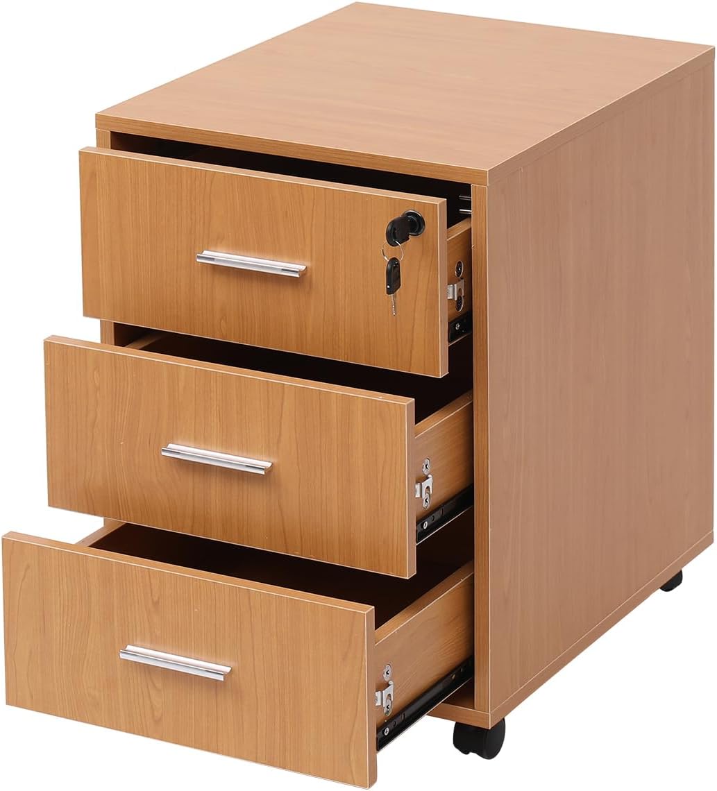 NICEME 3-Drawer Mobile Filing Cabinet, Office Under Desk Storage Drawers Unit with Wheels, File Cabinet Desk Pedestal Rolling Printer Stand for Home Office Storage (Lockable, Beech)