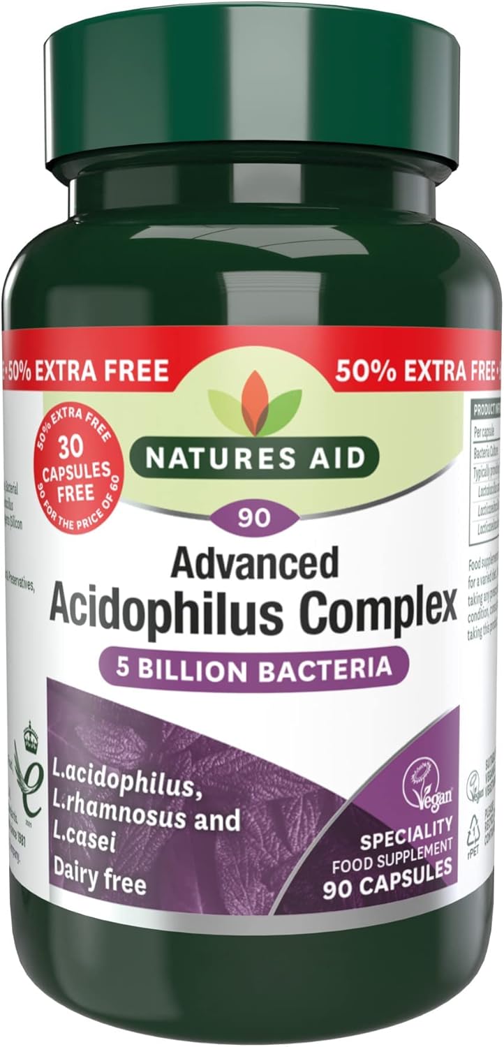 Natures Aid Acidophilus Complex 5 Billion Bacteria CFU – High Strength Supplement Lactobacillus Acidophilus Rhamnosus Casei Supports Digestive & Immune Health – Vegan Gluten-Free Non-GMO 90 Capsules