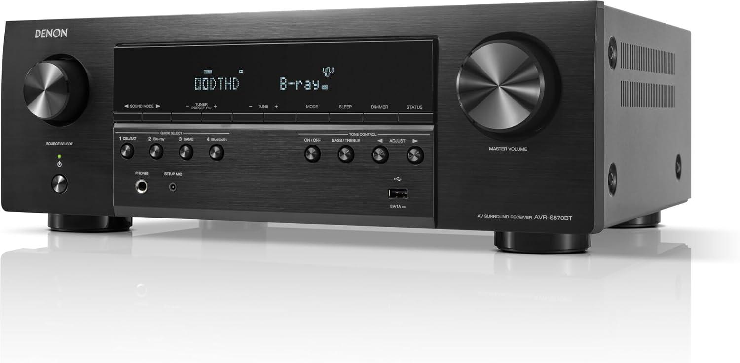 Denon AVR-S570BT AV Receiver 5.2 Channel 8K Ultra HD Audio & Video, Stereo Receivers, Denon AVR Wireless Streaming Bluetooth, (4) 8K HDMI Inputs, eARC, HD Setup Assistant