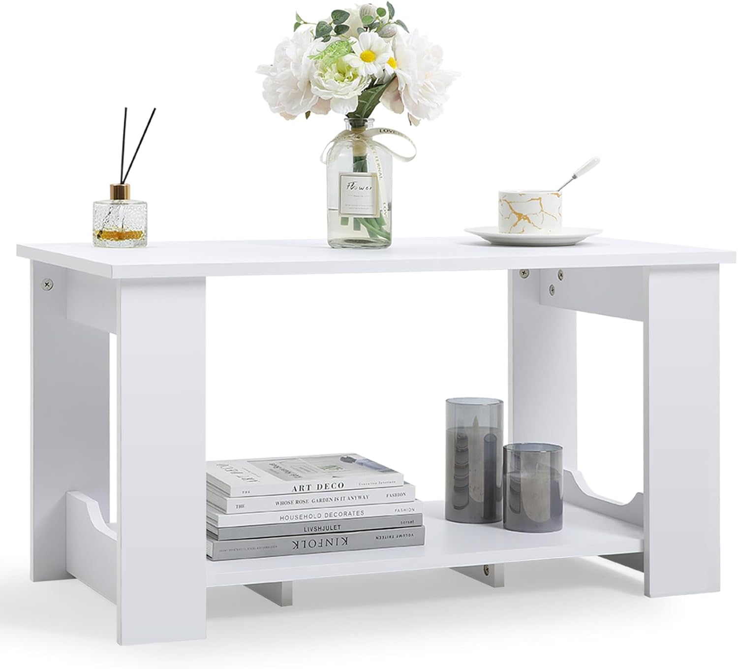 INMOZATA 2 Tier Wood Coffee Table Rectangle with Storage Shelf Tea Table Central Table for Living room Bedroom Office (White, 80x40x42cm)