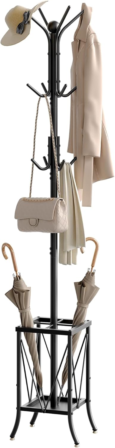 CHOEZON Coat Rack Freestanding, Coat Stand with Umbrella Holder, Entryway Hanger Stand with12 Hooks, Metal Hall Tree for Bags, Coats, Hats, Entryway, Hallway, Living Room, Bedroom, Black DTYM01BB