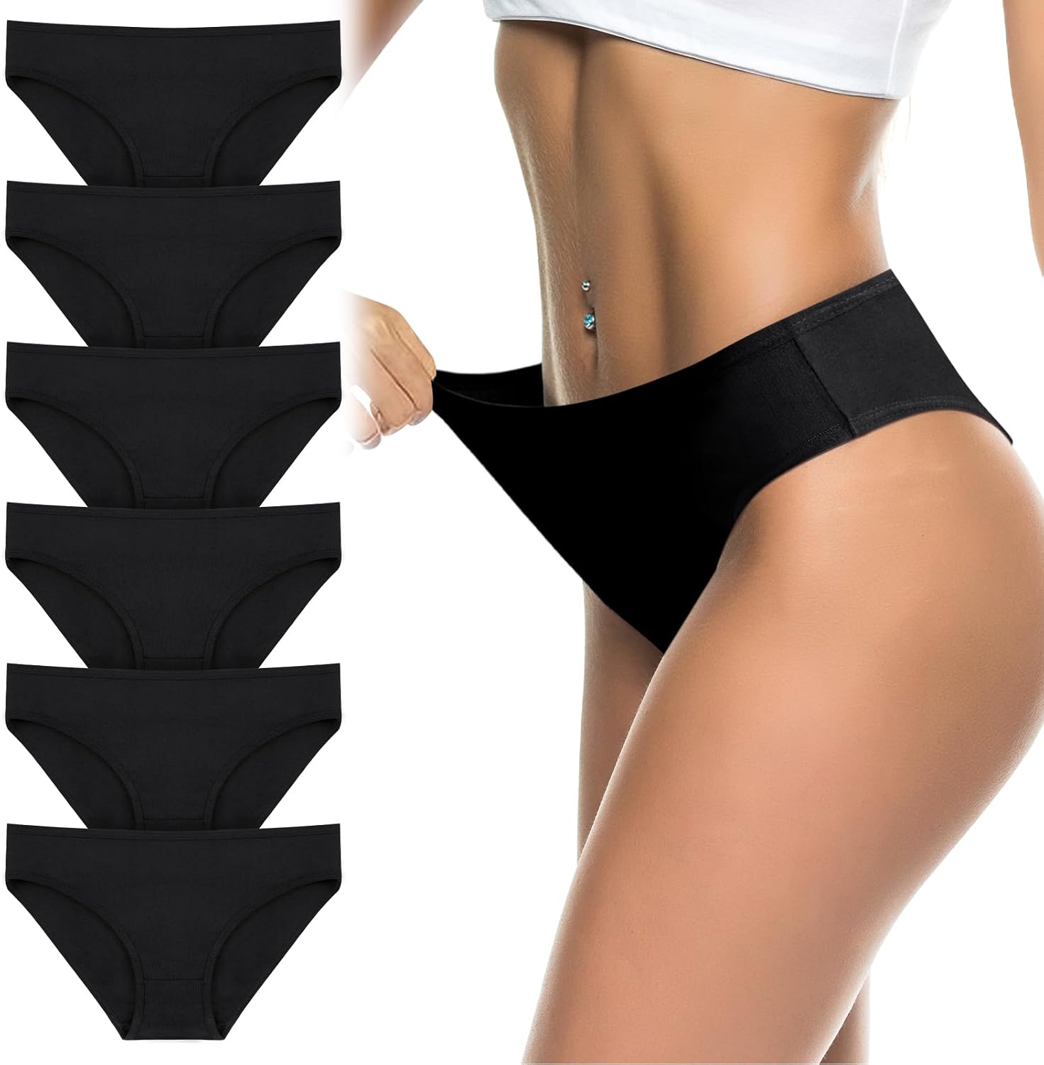 flintronic Women's Underwear, 6 Pcs Cotton Breathable Knickers Multipack, Stretchy Mid-Low Rise Hipster Panties, Soft Comfortable Ladies Basic Briefs for Daily Wear