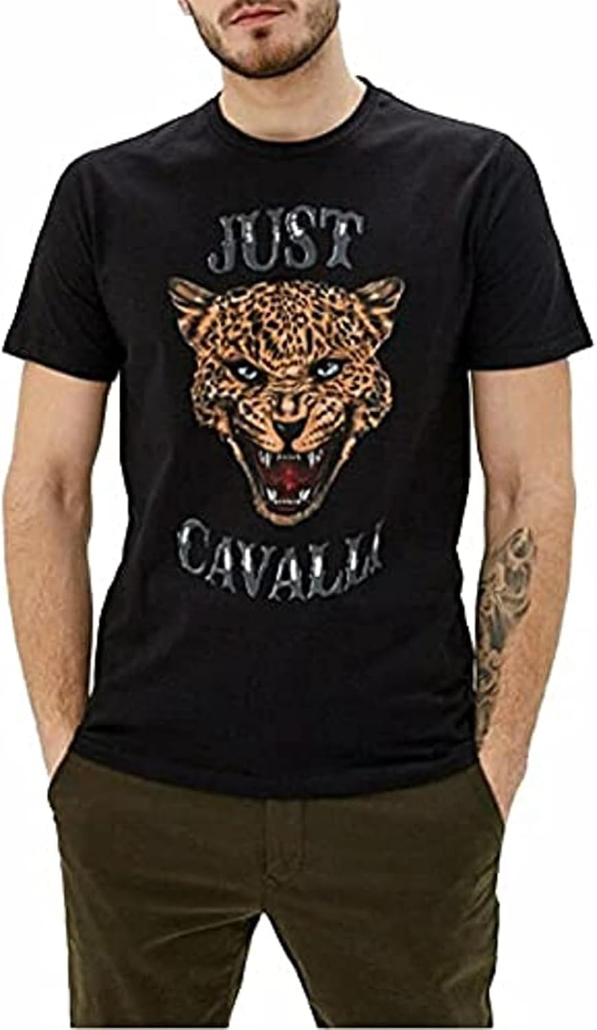JUST Cavalli S01GC0419 Mens T Shirt Tiger Print Short Sleeve Cotton Tee
