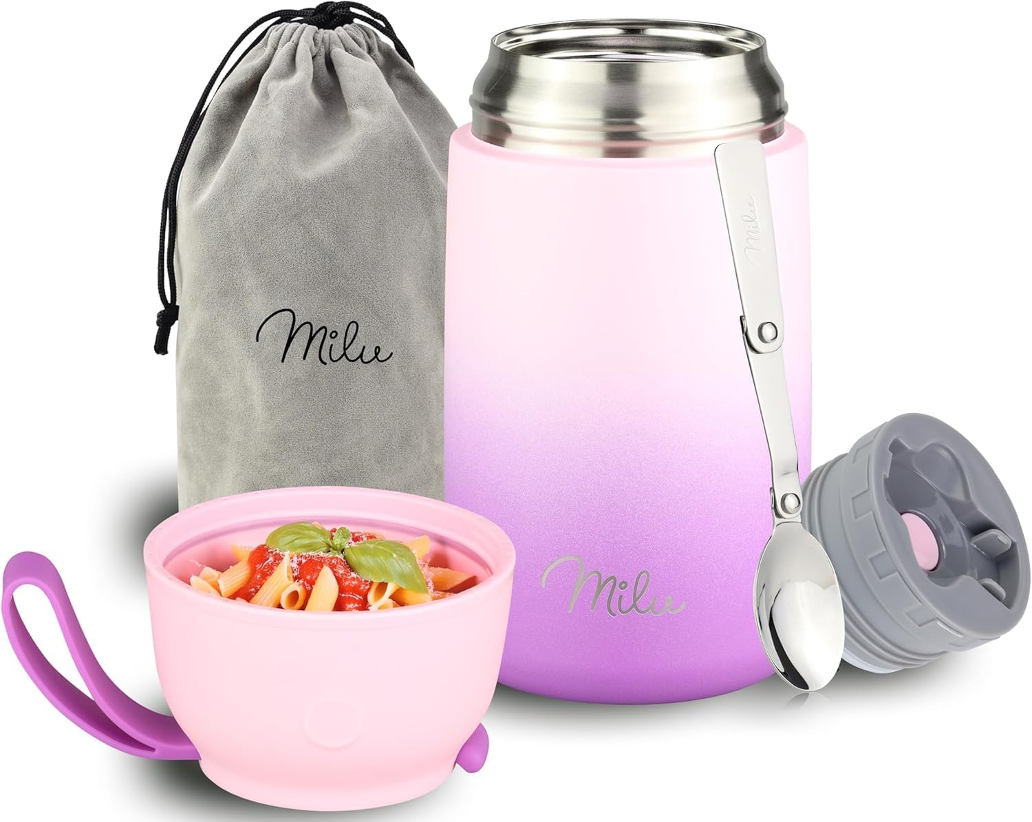 Milu® Thermo Food Flask 800ml - Stainless Steel Insulated Container - Lunchbox - Jar with Spoon for hot and Cold Food (Pink Violet, 800ml)