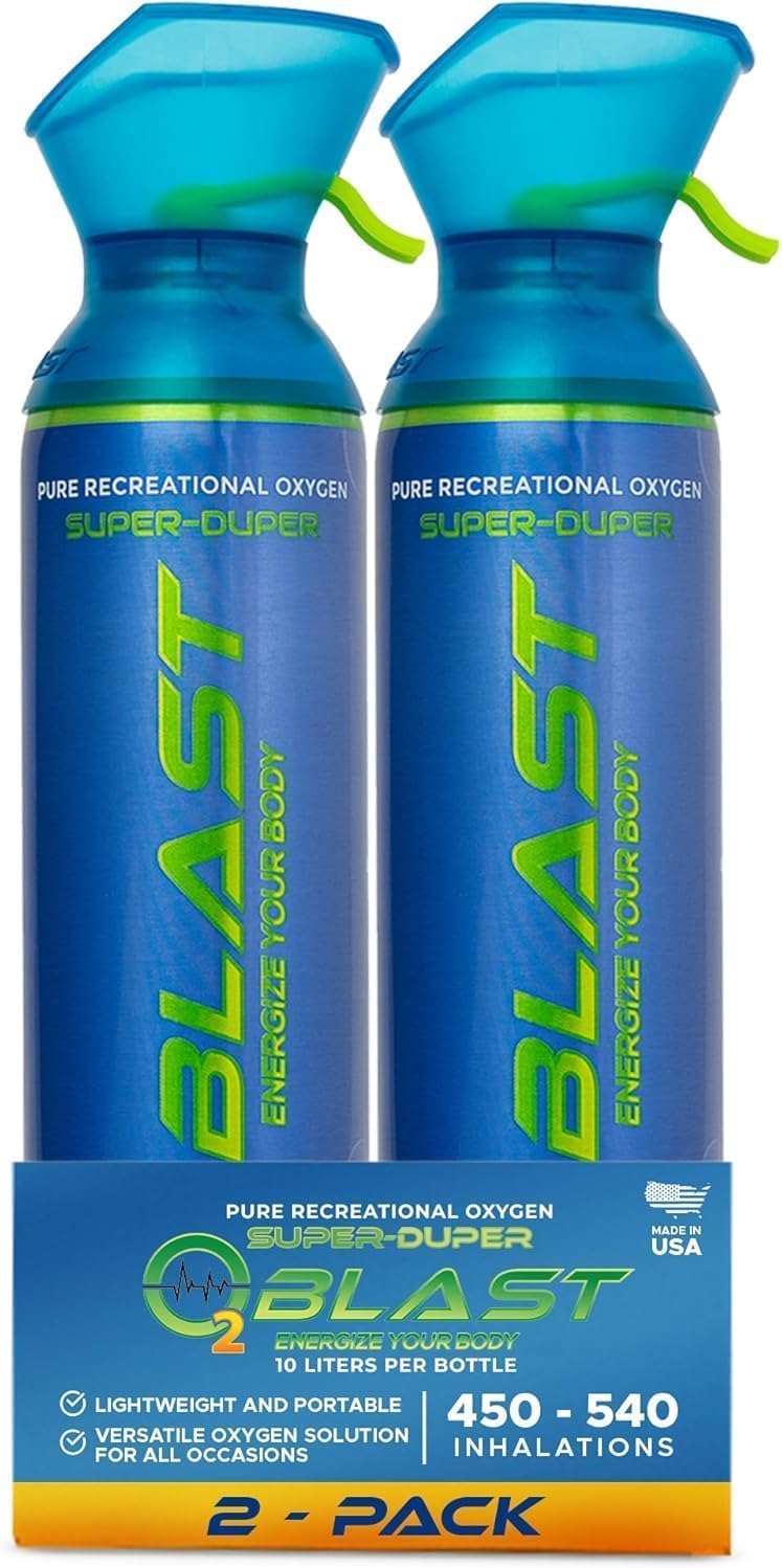 O2 Blast - Pure Oxygen Supplement, Portable Can Filled with 99.99% Pure Oxygen with Custom Breathing Mask, Energy, Performance, Fast Recovery Time, Ideal for High Altitude & Sports - 10L, 2-Pack