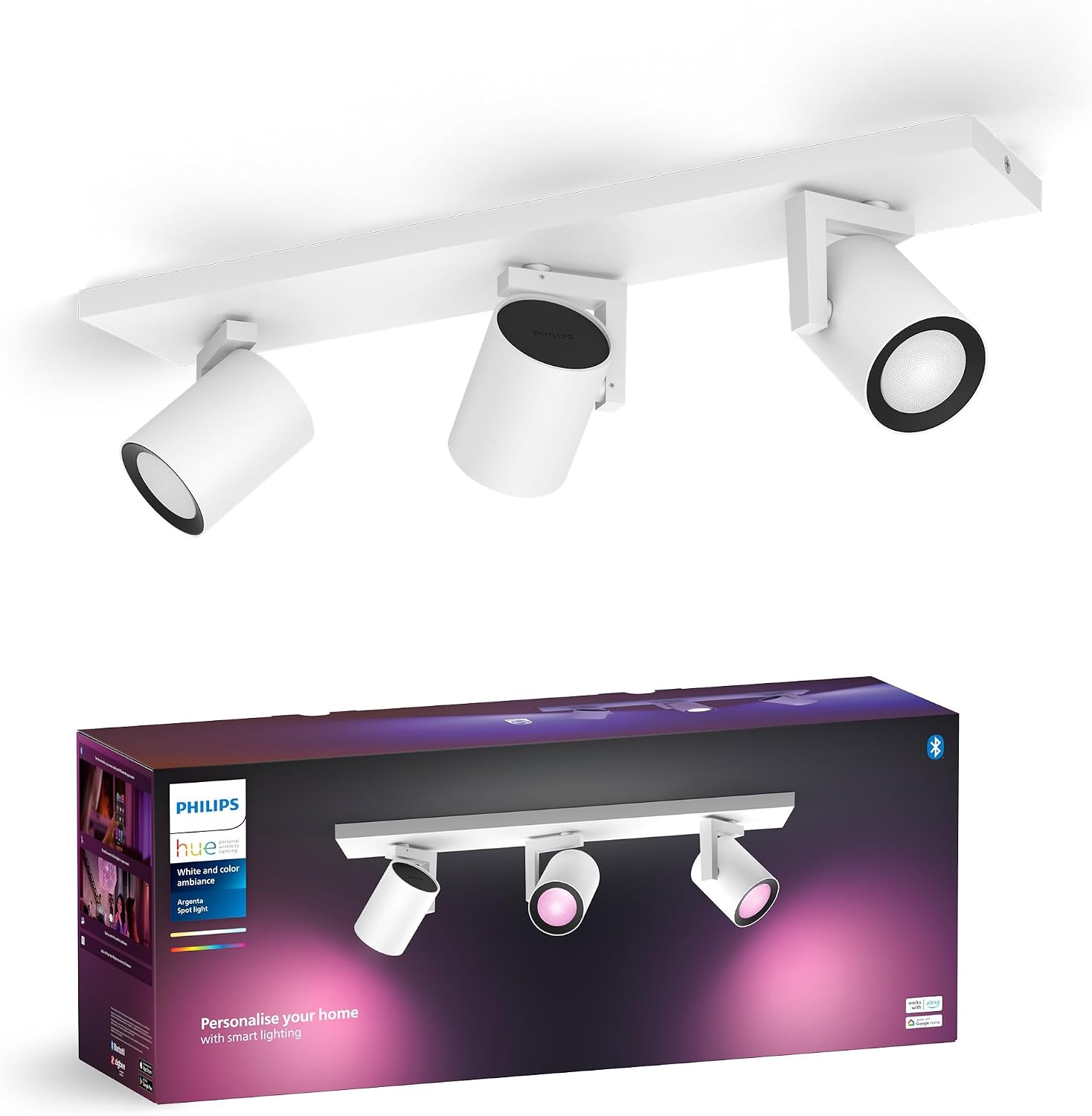 Philips Hue White & Color Ambiance Ceiling lamp Argenta with Three spotlights, dimmable LED spotlights for the Hue System with 16 Million Colours, Intelligent Light Control via Voice and app, White.