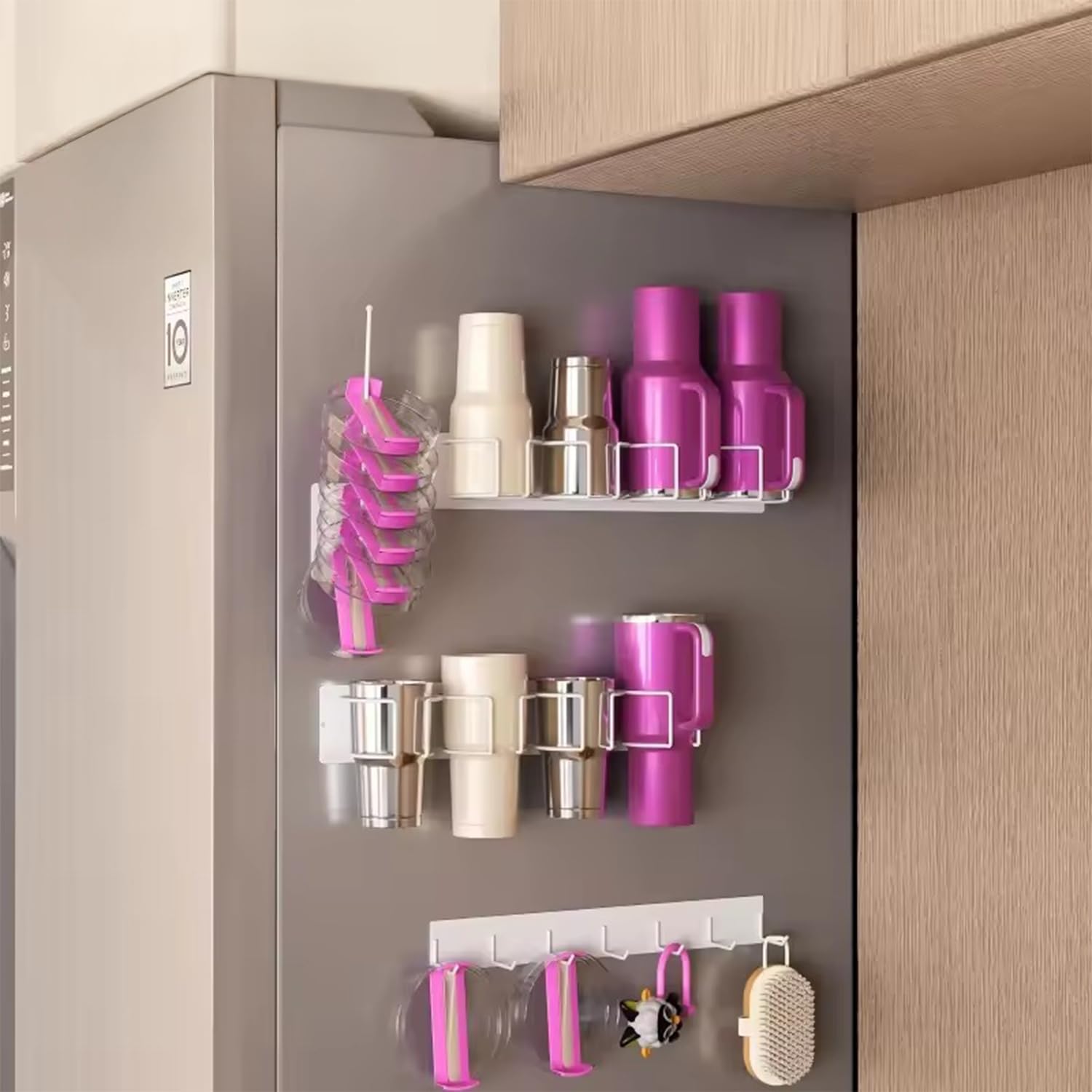 Magnetic Stanley Cup Holder, 40 oz Water Bottle Organizer with Handle, Tumbler Lid Storage, Refrigerator Mount (White)