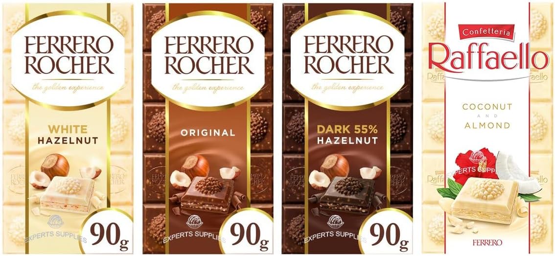 Chocolate Bundle Ferrero Rocher Milk Chocolate Bar, White Chocolate Bar, Raffaello White Chocolate Bar & Dark Chocolate Bar 90g Each Pack Of 4 By Experts Supplies