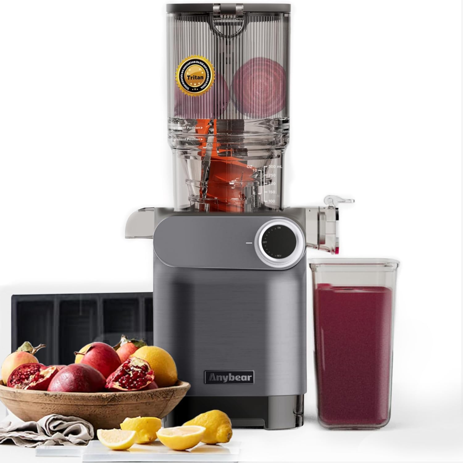 Cold Press Juicer, 200W Slow Masticating Juicer 4.3" Large Feed Chute Fit Whole Fruits Vegetables | Heavy Duty Auger | Tritan Materials | BPA Free | Easy to Clean (Gray)