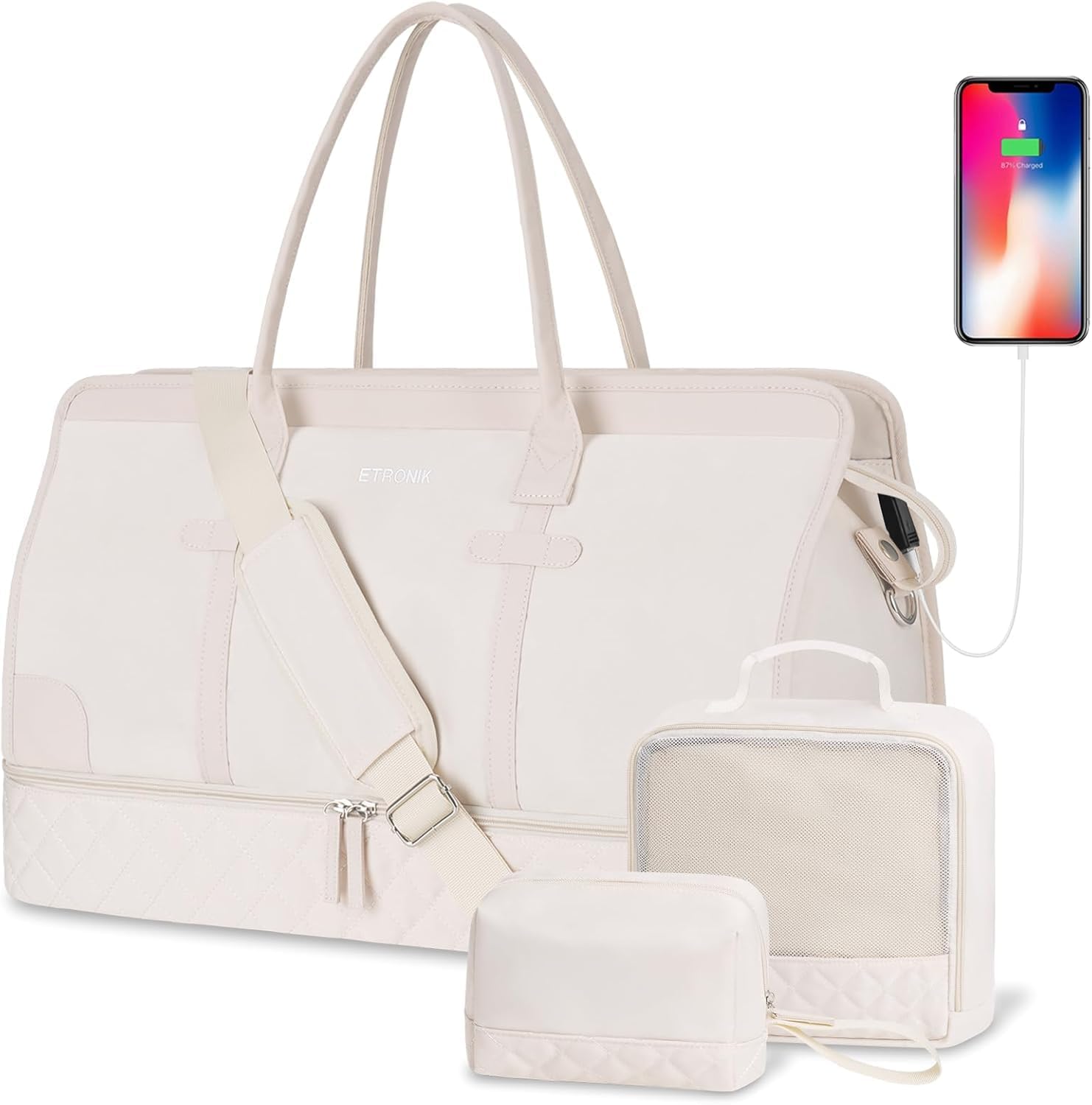 ETRONIK Weekender Overnight Bags for Women, Large Travel Duffle Bags with Shoe Compartment & Wet Pocket, Carry On Tote Bag Gym Duffel Bag with Toiletry Bags for Hospital 3 Pcs Set, Large Size, Beige