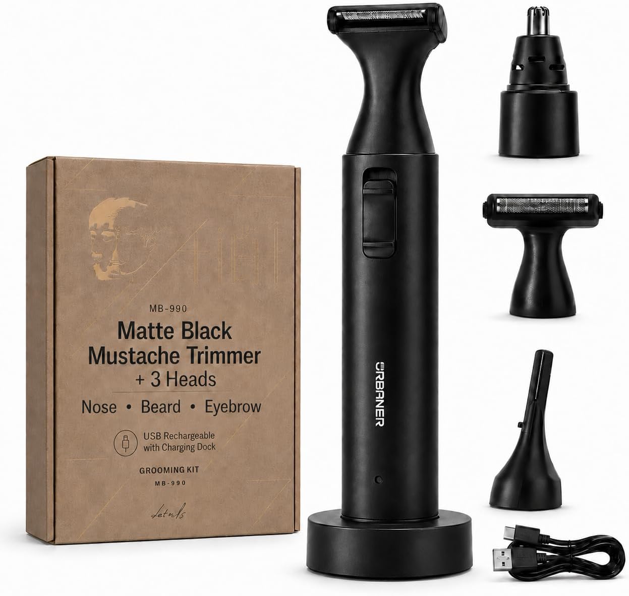 URBANER 4-in-1 Beard & Mustache Trimmer Grooming Kit for Men, Only 3 Ounces, Japanese Motor, USB Charger, IPX8 Waterproof, Ear and Nose Hair Trimmer, Eyebrows Trimmer, Gifts, MB-990