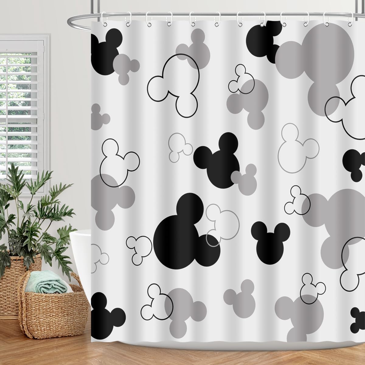 Mouse Head Shower Curtain Black and White Children Cartoons Kids Bath Curtain Cute Animal Grey Bathroom Home Decor Waterproof Polyester Fabric 60Wx72L Inch with 12 Pack Hooks