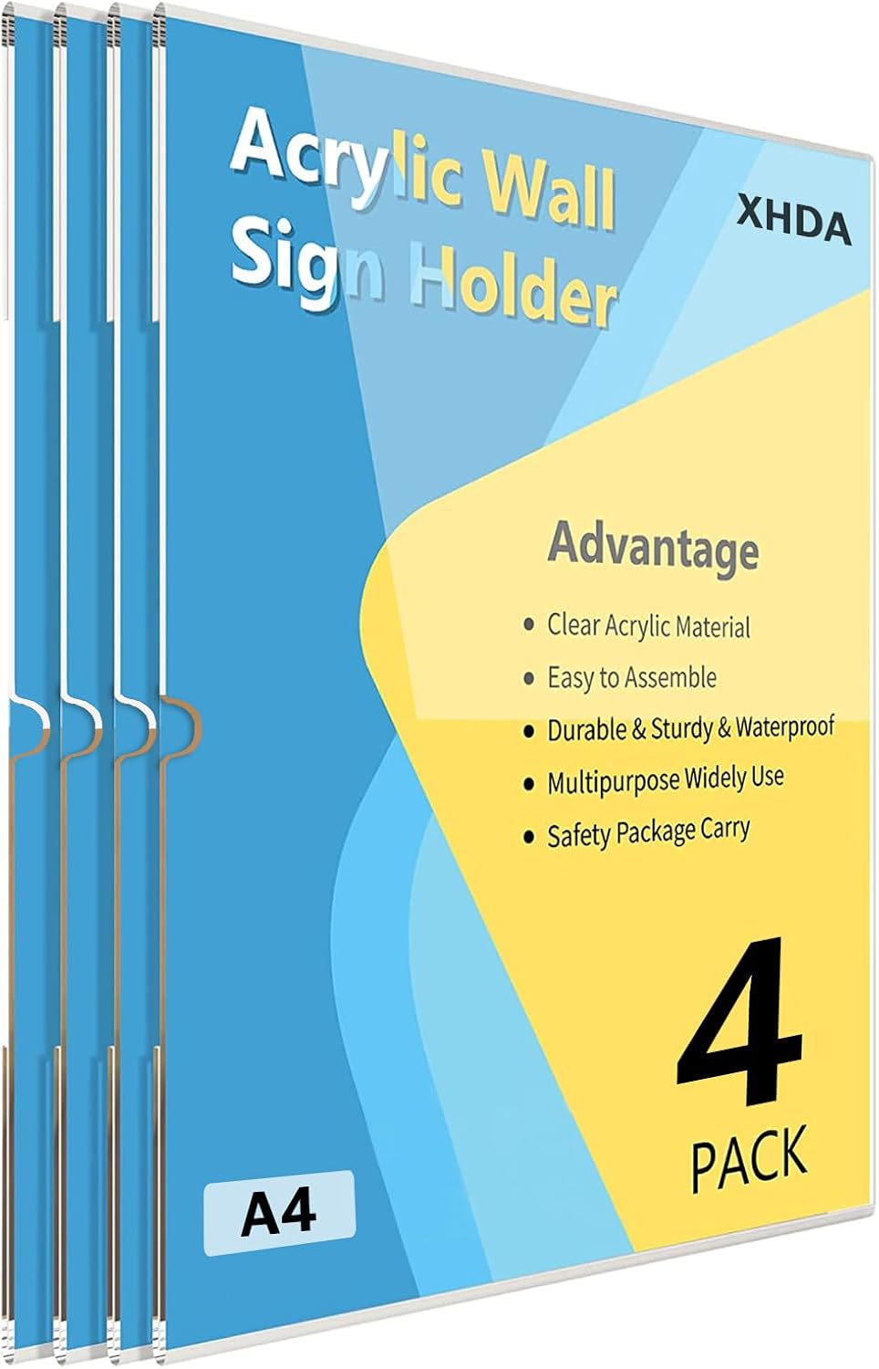 XHDA 4Pack A4 Acrylic Wall Sign Holder with 3M Tape, A4 Adhesive Wall Poster Holders, Acrylic Display for Home, Office, Store, Restaurant