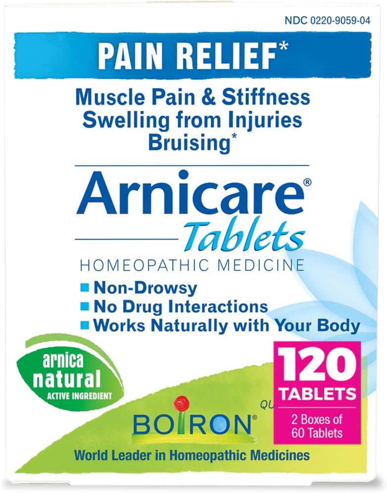 Boiron Arnicare Tablets for Pain Relief from Muscle Pain, Joint Soreness, Swelling from Injury or Bruises - 120 Count (2 Pack of 60)