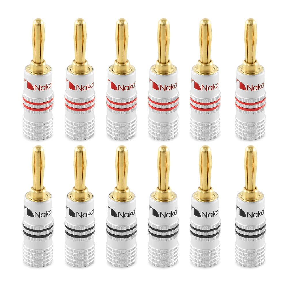 Nakamichi Excel Series 24k Gold Plated Banana Plug 12 AWG - 18 AWG Gauge Size 4mm for Speakers Amplifier Hi-Fi AV Receiver Stereo Home Theatre Audio Wire Cable Screw Connector 12 Pcs (6-Pairs)
