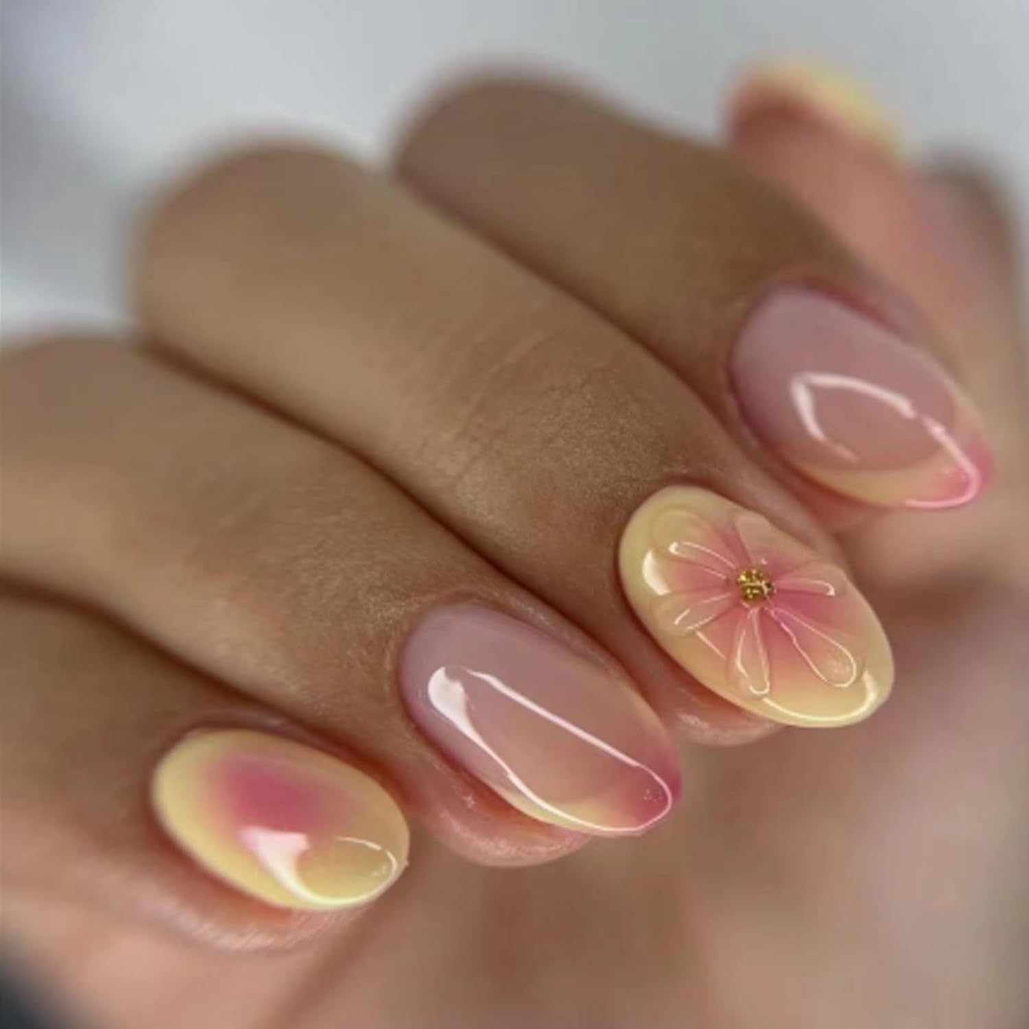 GlamRays Press on Nail Short Almond French Tip False Nail with Design 3D Flower Yellow & Pink Stick on Nail Glossy Adhesive Nails Acrylic Nails 24 Pieces