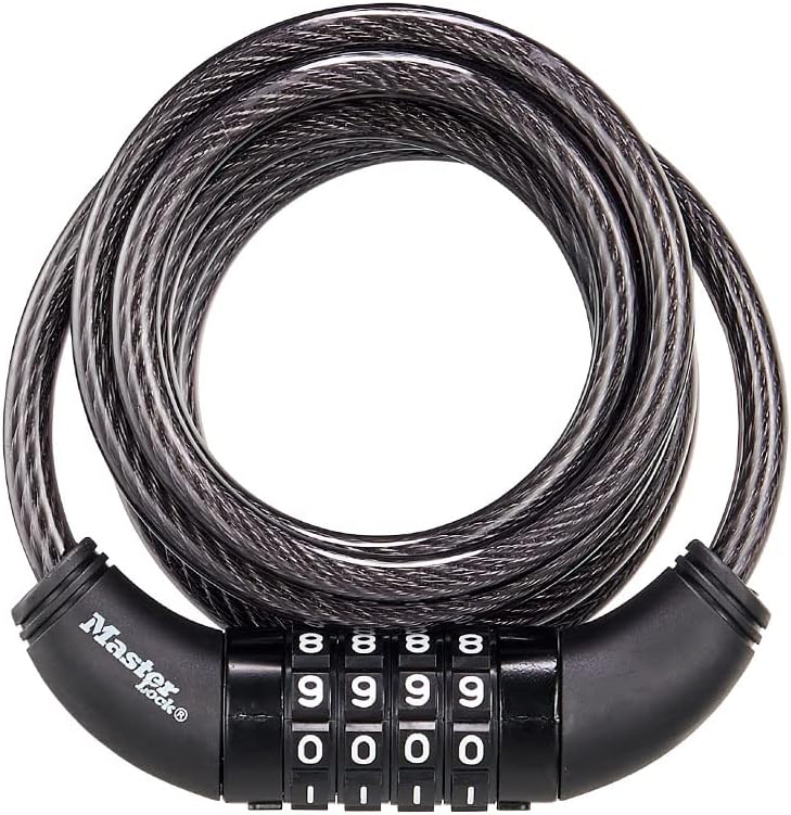 Master Lock Black Set Your Own Combination Bike Lock, Metal Cable Lock has a Weather Resistant Vinyl Coating for Outdoor Equipment, Bicycles, 6 Feet Long, 8114D