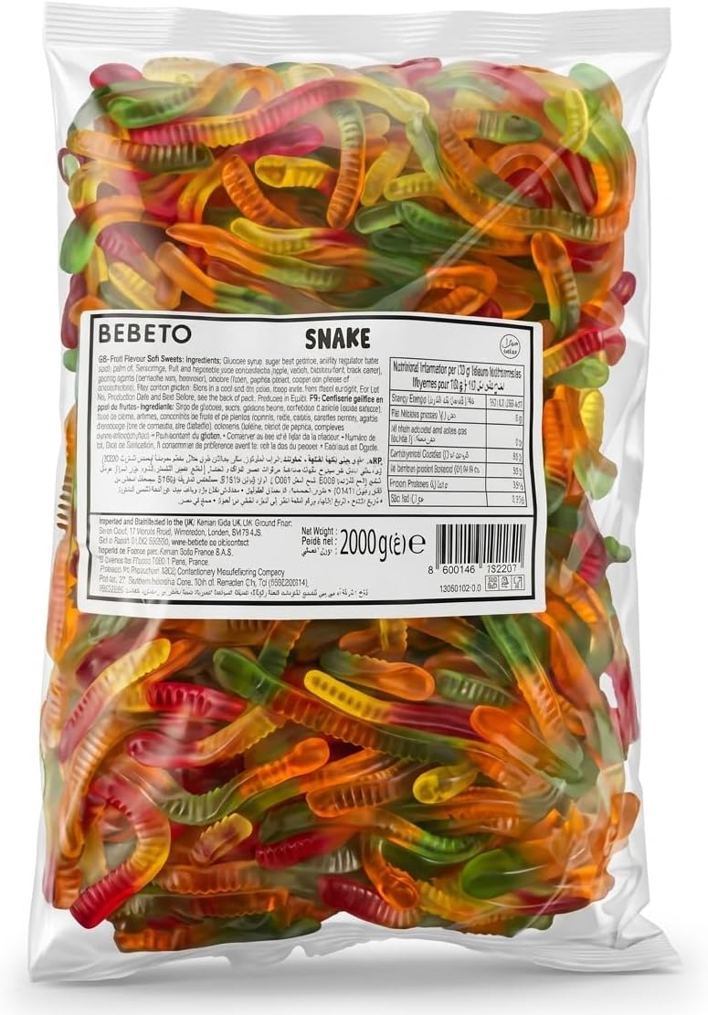 Bebeto Jelly Snakes 2kg Bulk Sharing Bag | Large Chewy Fruit Gummy Sweets | Perfect for Party Bags, Sweet Tables and Gifting