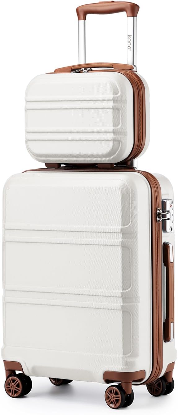 Kono Luggage Sets of 2 Piece Lightweight 20 inch ABS Hard Shell Travel Carry on Suitcase with TSA Lock + 12 inch Portable Hand Cabin Case (White+Brown)